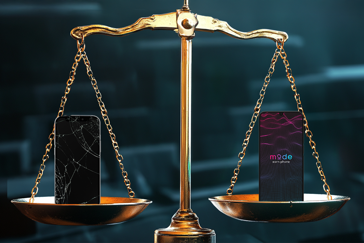 Mode Mobile ad imagery iphone on scales next to earnphone