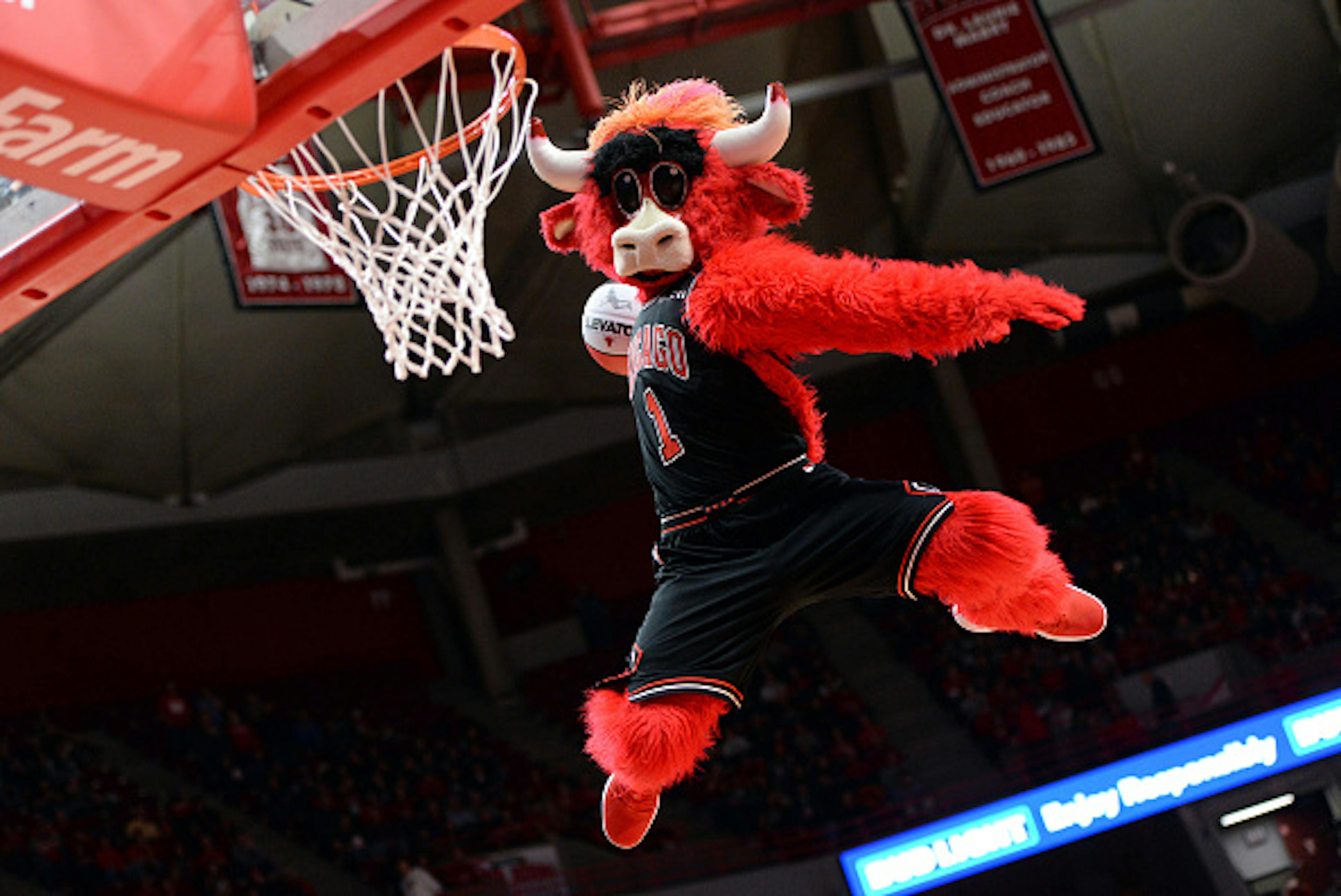 Chicago Bulls Mascot Benny the Bull dunks the ball during the halftime show of the Missouri Valley Conference college basketball game between the Loyola-Chicago Ramblers and the Illinois State Redbirds on February 2, 2019.