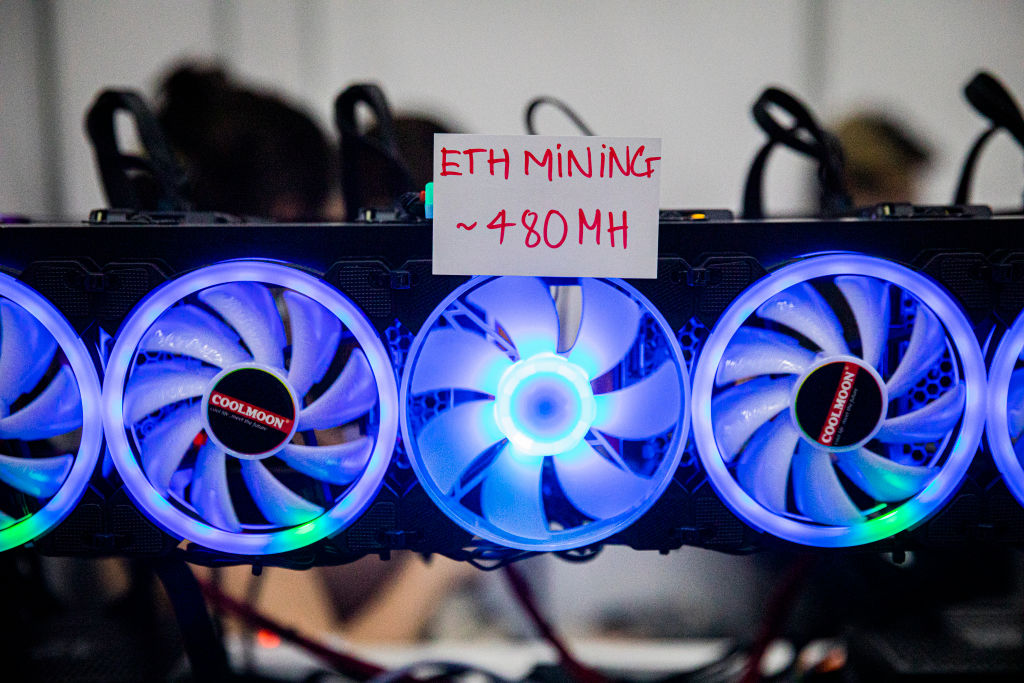 An ethereum mining rig is on display at the Thailand Crypto Expo 2022 on May 14, 2022 in Bangkok, Thailand. 