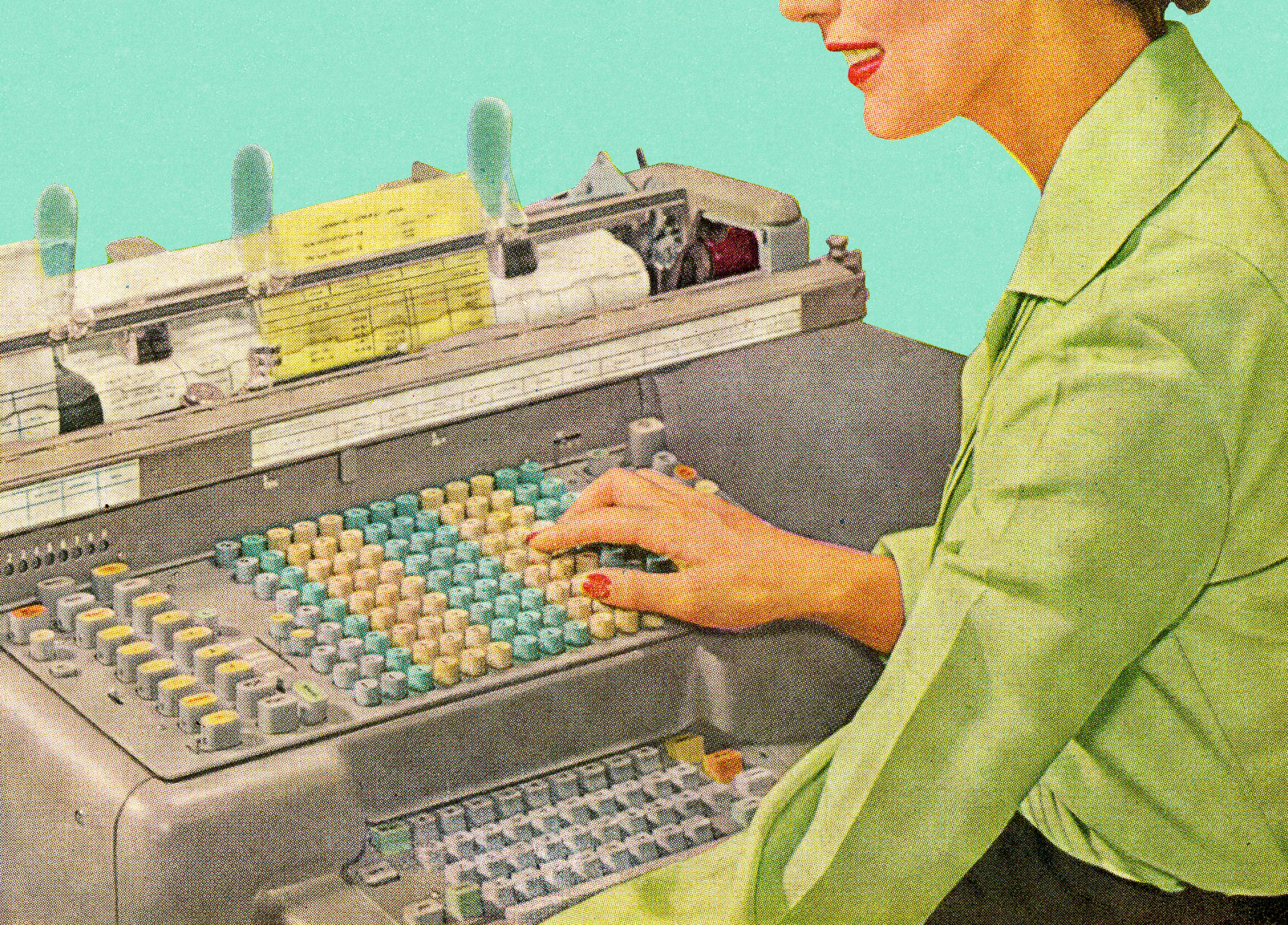 Stock illustration of a woman typing on an adding machine.