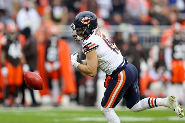 Chicago Bears wide receiver Trent Taylor (15) fumbles a punt during the first quarter of the National Football League game between the Chicago Bears and Cleveland Browns