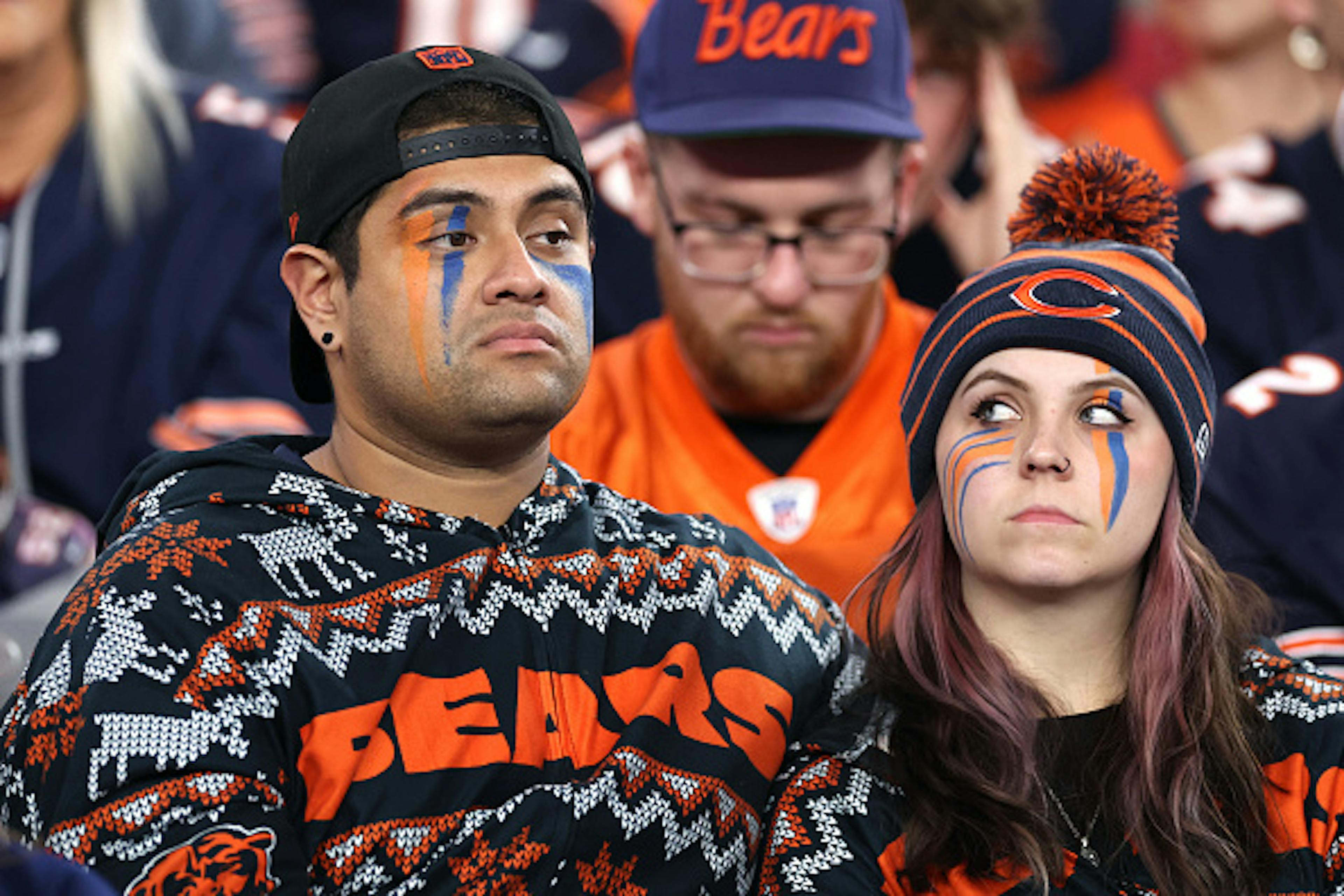 Chicago Bears fans react during the second half of a game against the Arizona Cardinals at State Farm Stadium on November 03, 2024 in Glendale, Arizona.