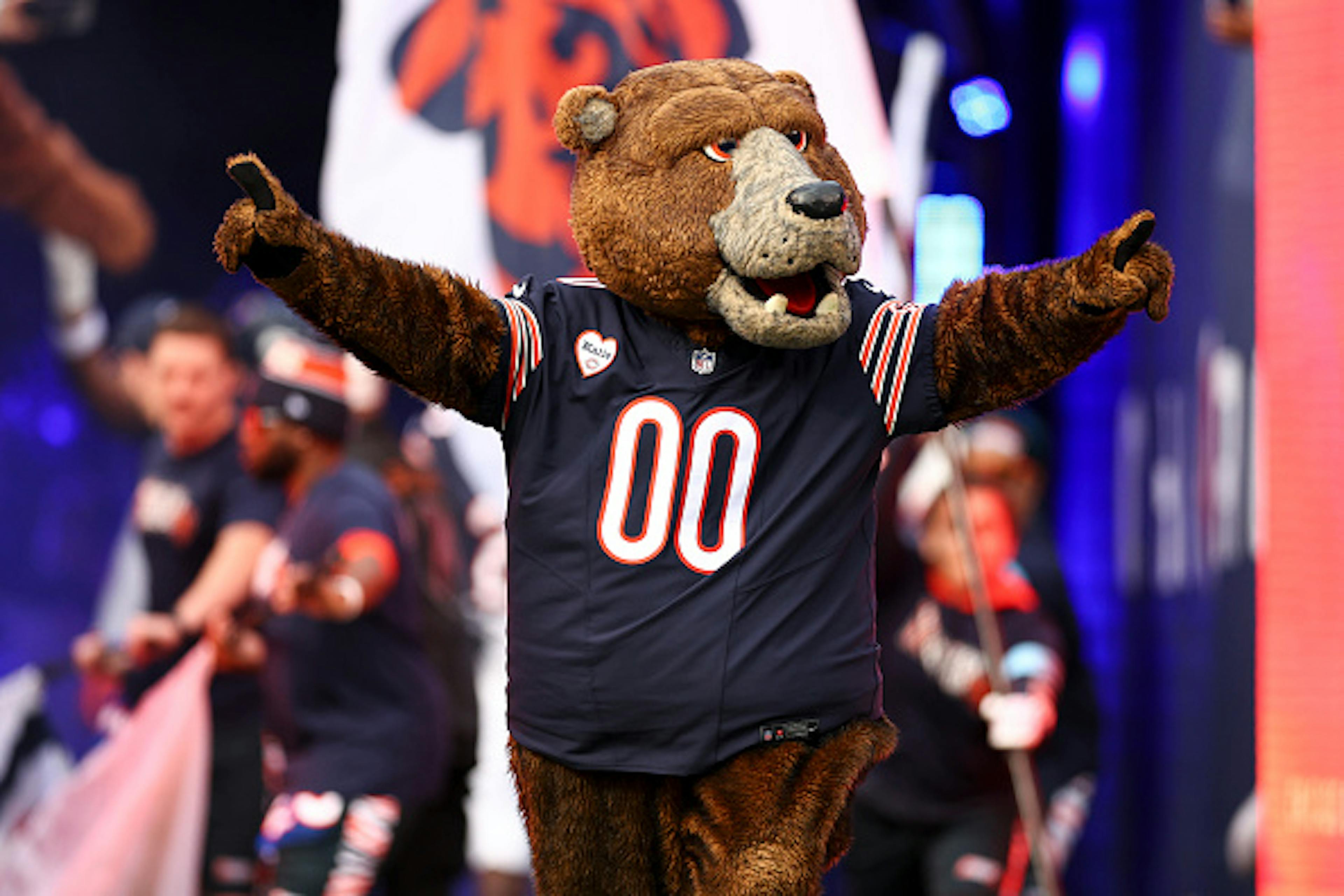 CHICAGO, ILLINOIS - NOVEMBER 17: Mascot Staley Da Bear of the Chicago Bears runs onto the field prior to an NFL football game against the Green Bay Packers at Soldier Field on November 17, 2024 in Chicago, Illinois. 