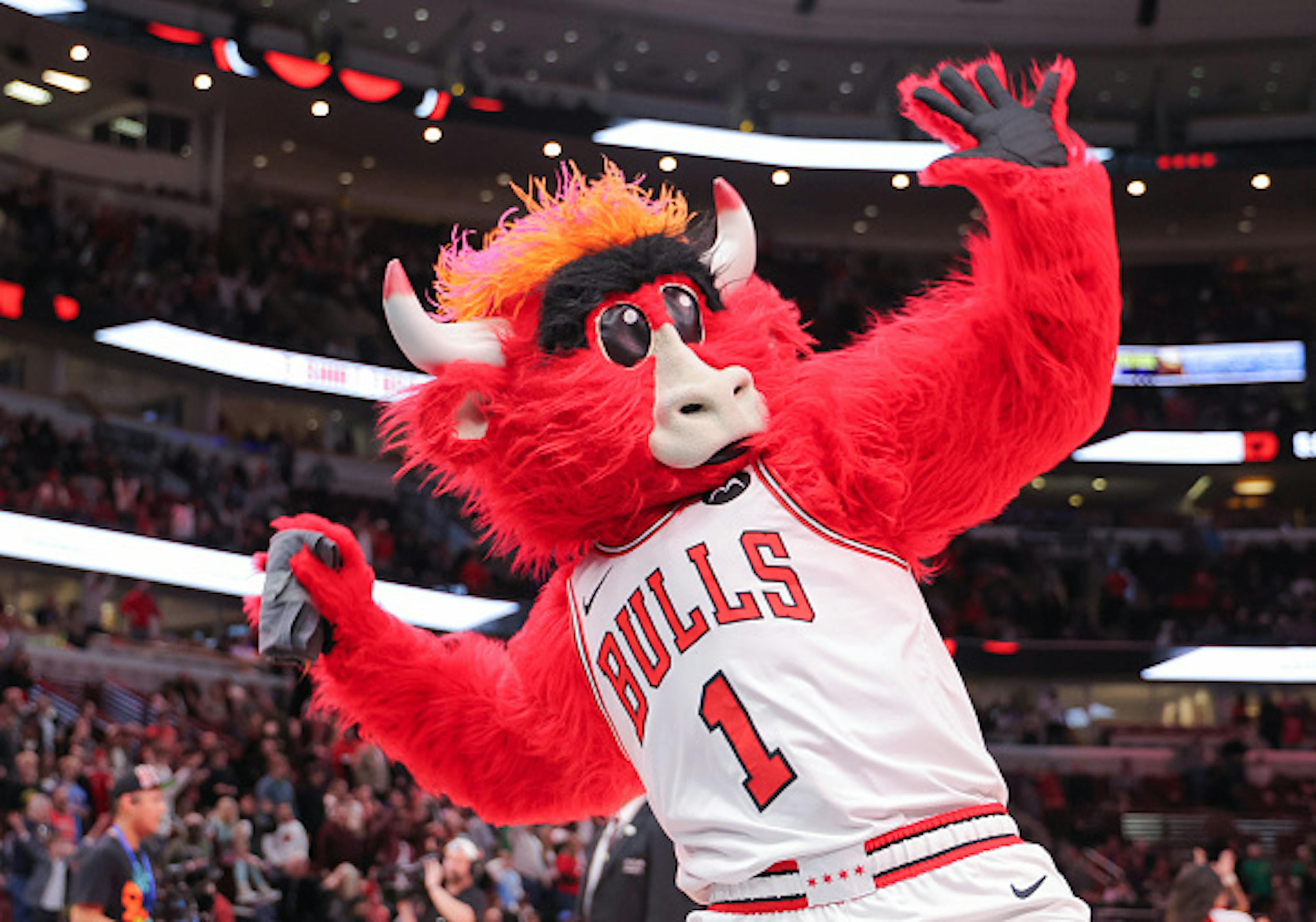 CHICAGO, IL - JANUARY 14: Chicago Bulls mascot Benny the Bull during a game against the New Orleans Pelicans and the Chicago Bulls on January 14, 2025 at the United Center in Chicago, Illinois.
