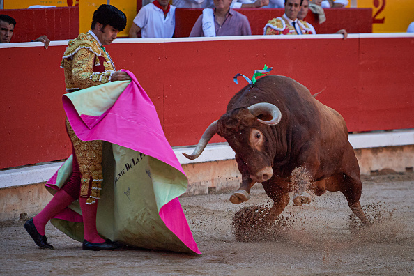PAMPLONA, NAVARRA, SPAIN - 2025/07/09: Morante de la Puebla, a bullfighter from Seville fights a bull from the Alvaro Nunez ranch in Pamplona's Plaza Monumental during the 2025 San FermÌn festival