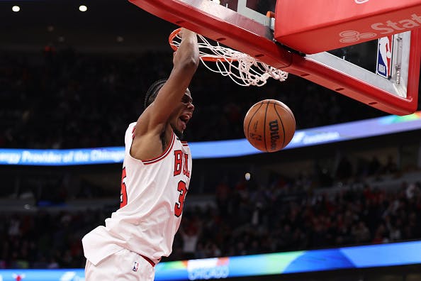 CHICAGO, ILLINOIS - JANUARY 02: Isaac Okoro #35 of the Chicago Bulls dunks the ball during the second half against the Orlando Magic at the United Center on January 2, 2026 in Chicago, Illinois.