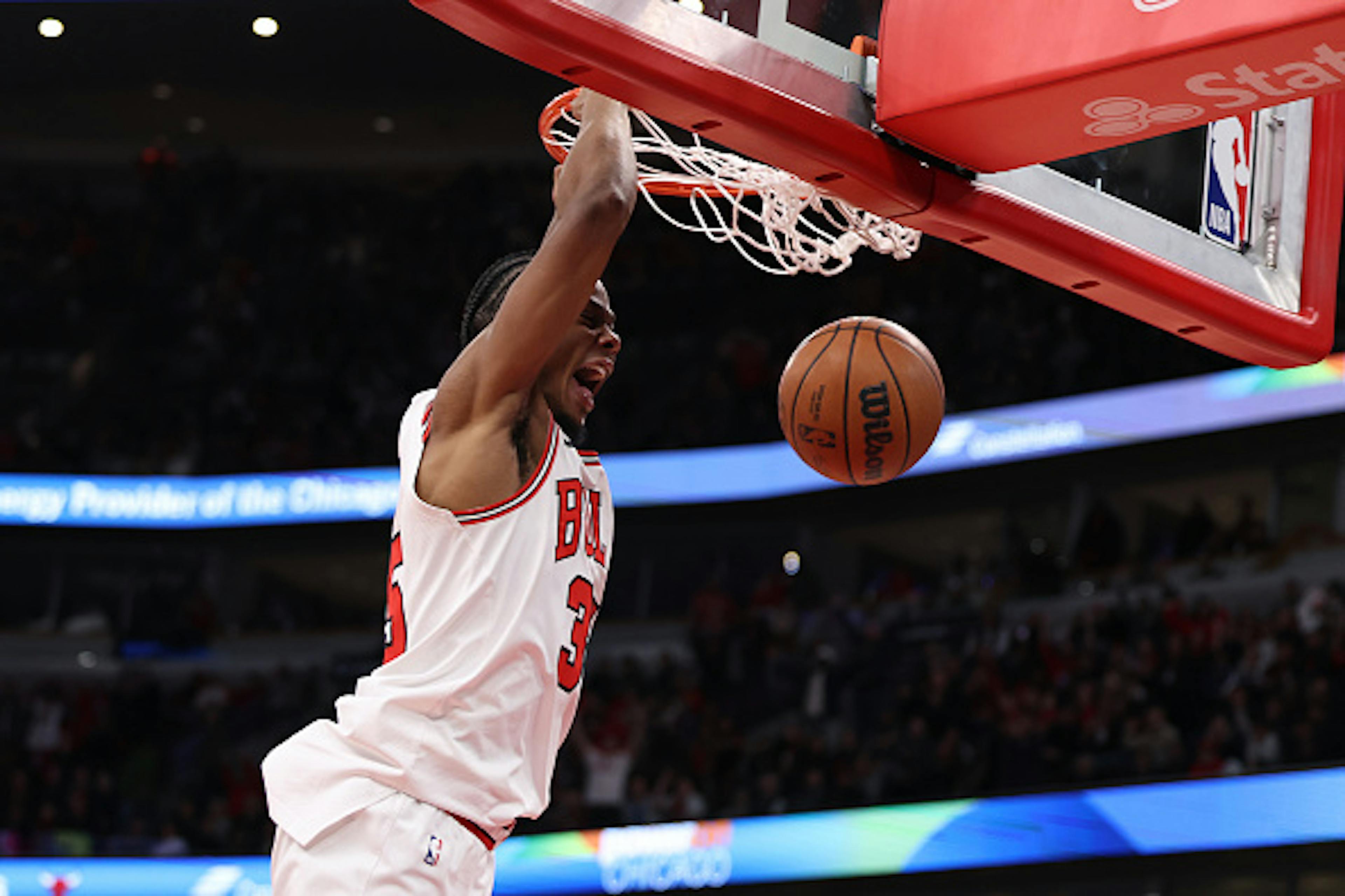 CHICAGO, ILLINOIS - JANUARY 02: Isaac Okoro #35 of the Chicago Bulls dunks the ball during the second half against the Orlando Magic at the United Center on January 2, 2026 in Chicago, Illinois. 
