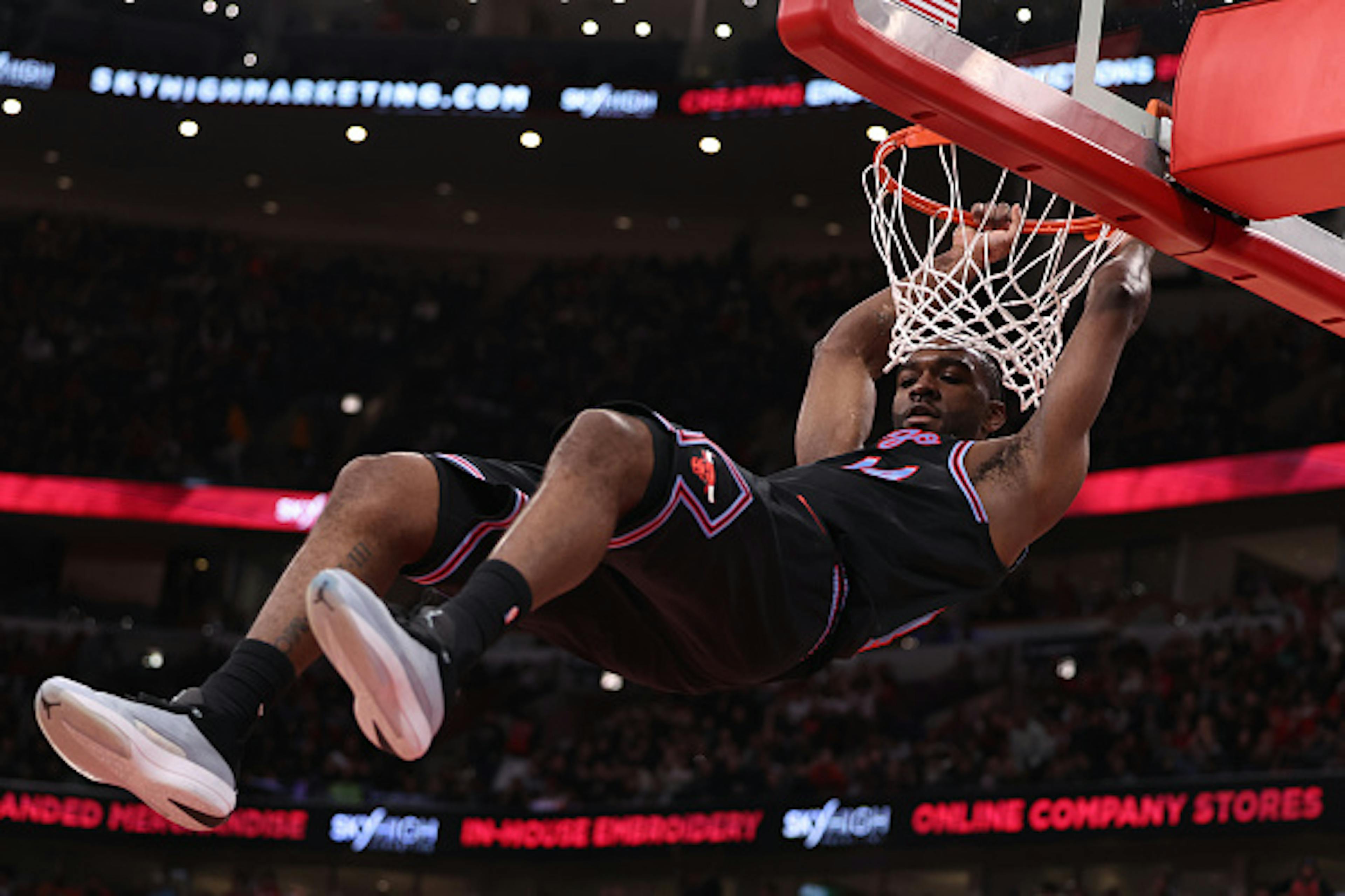 Patrick Williams #44 of the Chicago Bulls dunks the ball during the second half against the Boston Celtics at the United Center on January 24, 2026 in Chicago, Illinois.