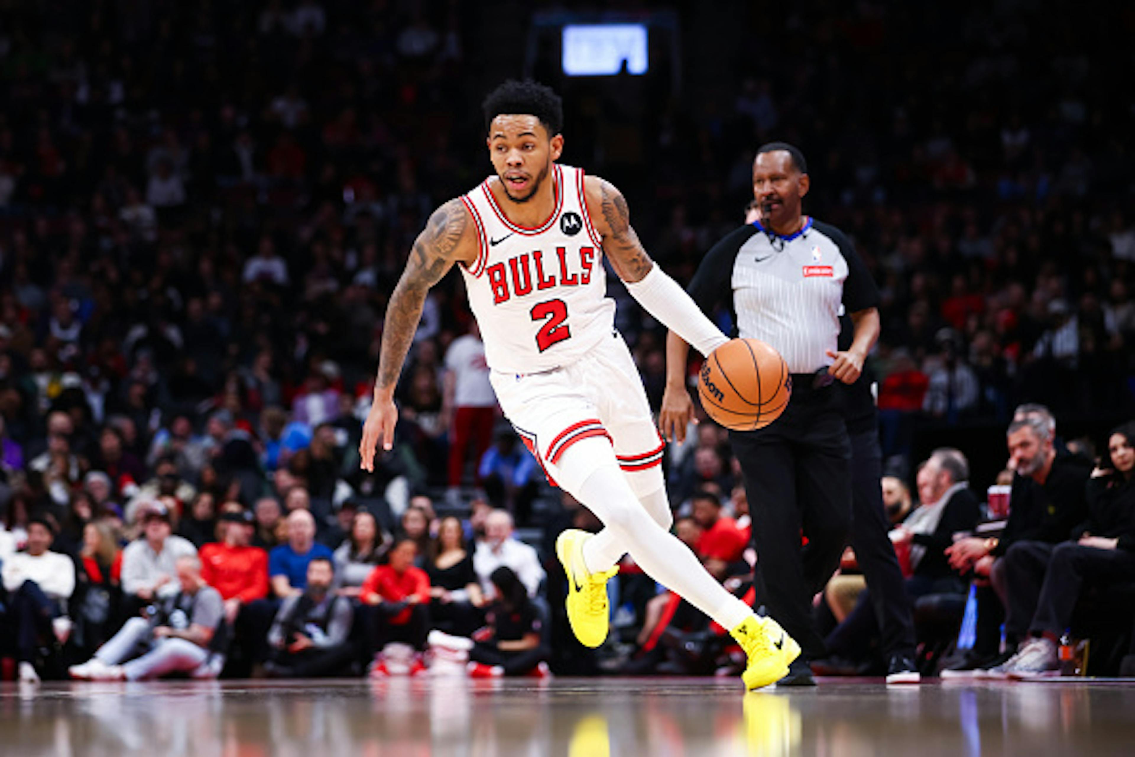 Anfernee Simons #2 of the Chicago Bulls dribbles during the second half of their NBA game against the Toronto Raptors at Scotiabank Arena on February 5, 2026 in Toronto, Ontario, Canada.