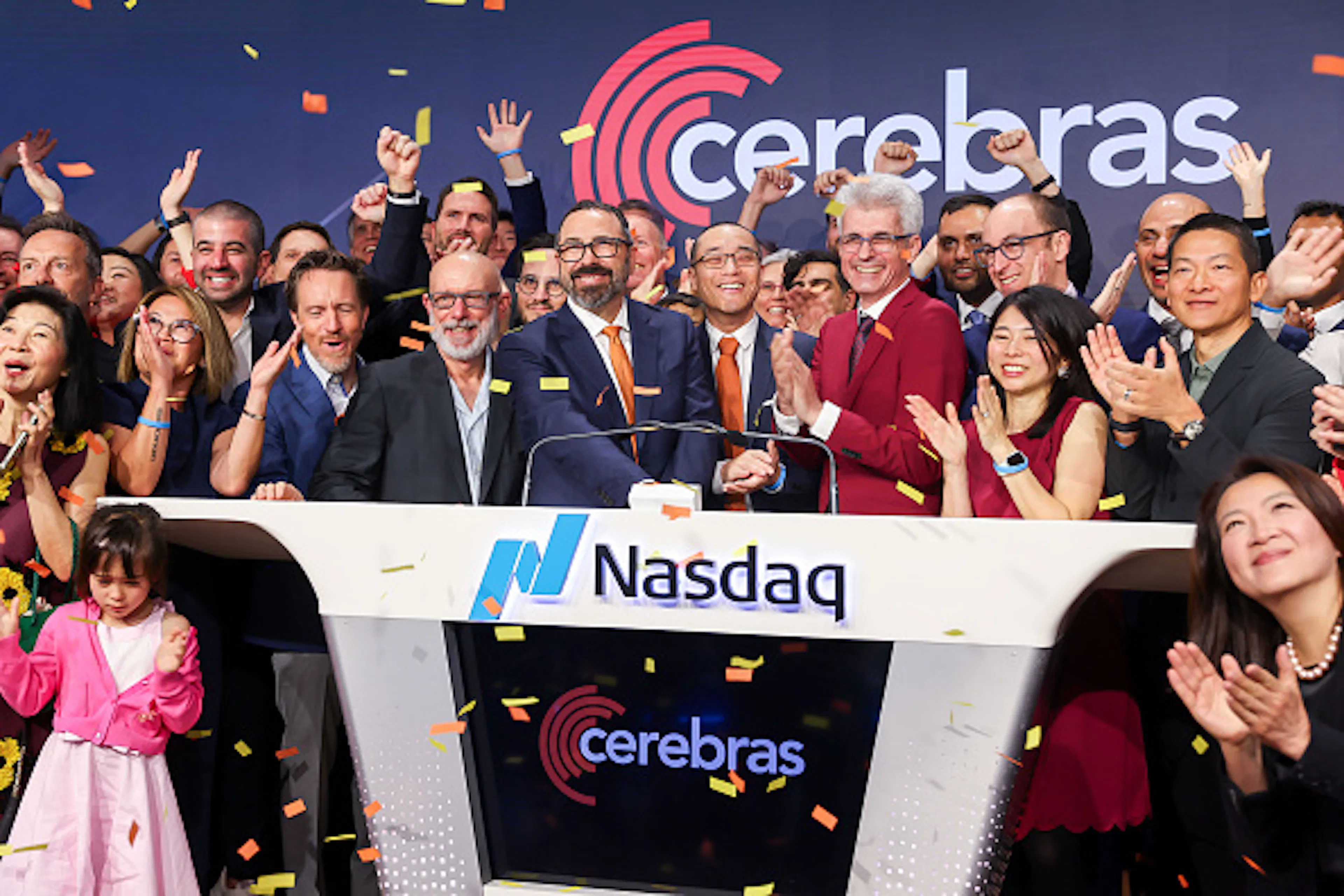 Andrew Feldman, co-founder and chief executive officer of Cerebras Systems Inc., center left, during the company's initial public offering (IPO) at the Nasdaq MarketSite in New York, US, on Thursday, May 14, 2026.