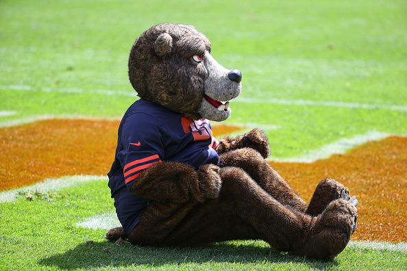 Staley Da Bear mascot sits in the endzone during the game between the Chicago Bears and the Green Bay Packers at Soldier Field on September 13, 2015 in Chicago, Illinois. 