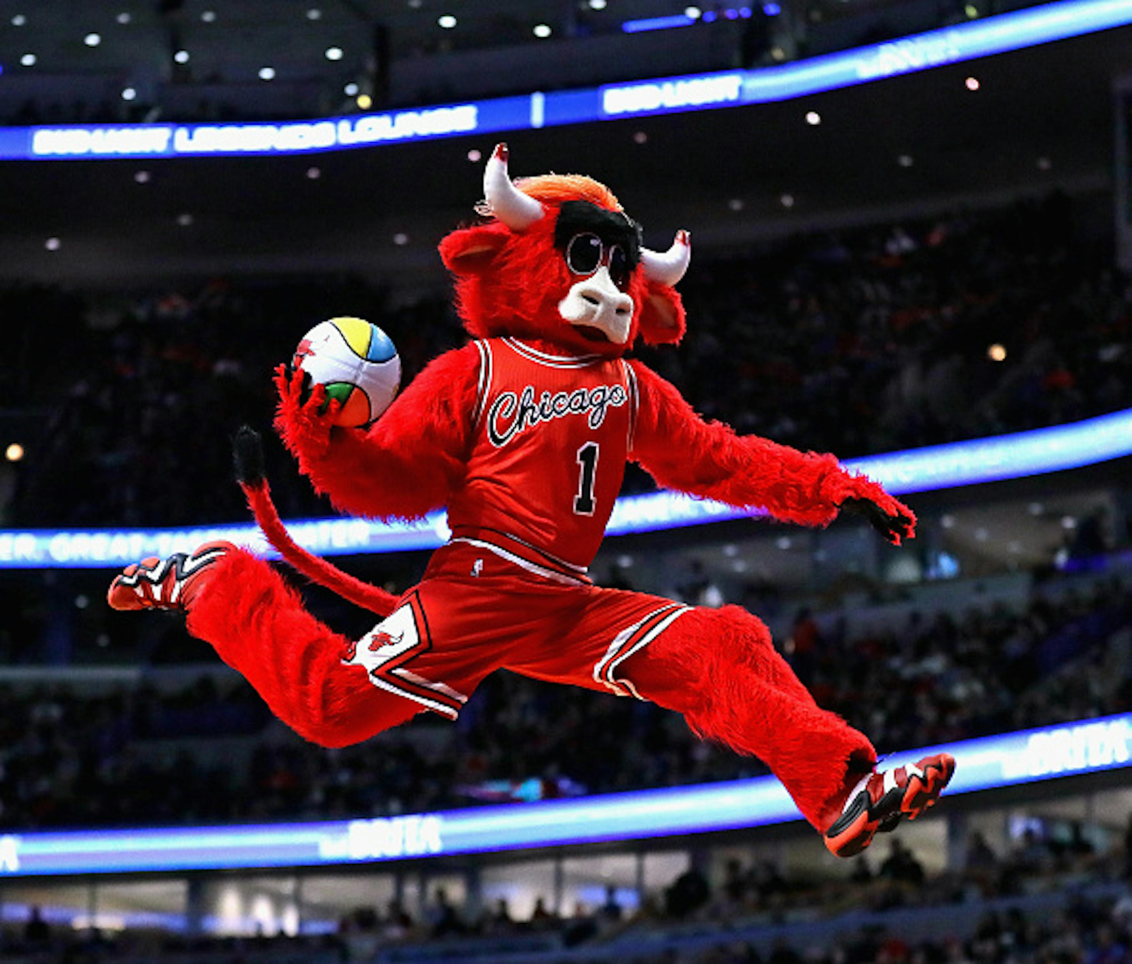 CHICAGO, IL - JANUARY 14: Benny, the mascot for the Chicago Bulls, performs during a break between the Bulls and the New Orleans Pelicans at the United Center on January 14, 2017 in Chicago, Illinois. 