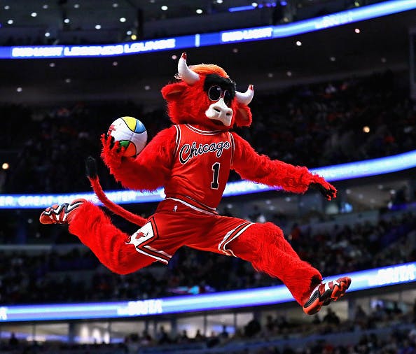 Benny, the mascot for the Chicago Bulls, performs during a break between the Bulls and the New Orleans Pelicans at the United Center on January 14, 2017 in Chicago, Illinois.