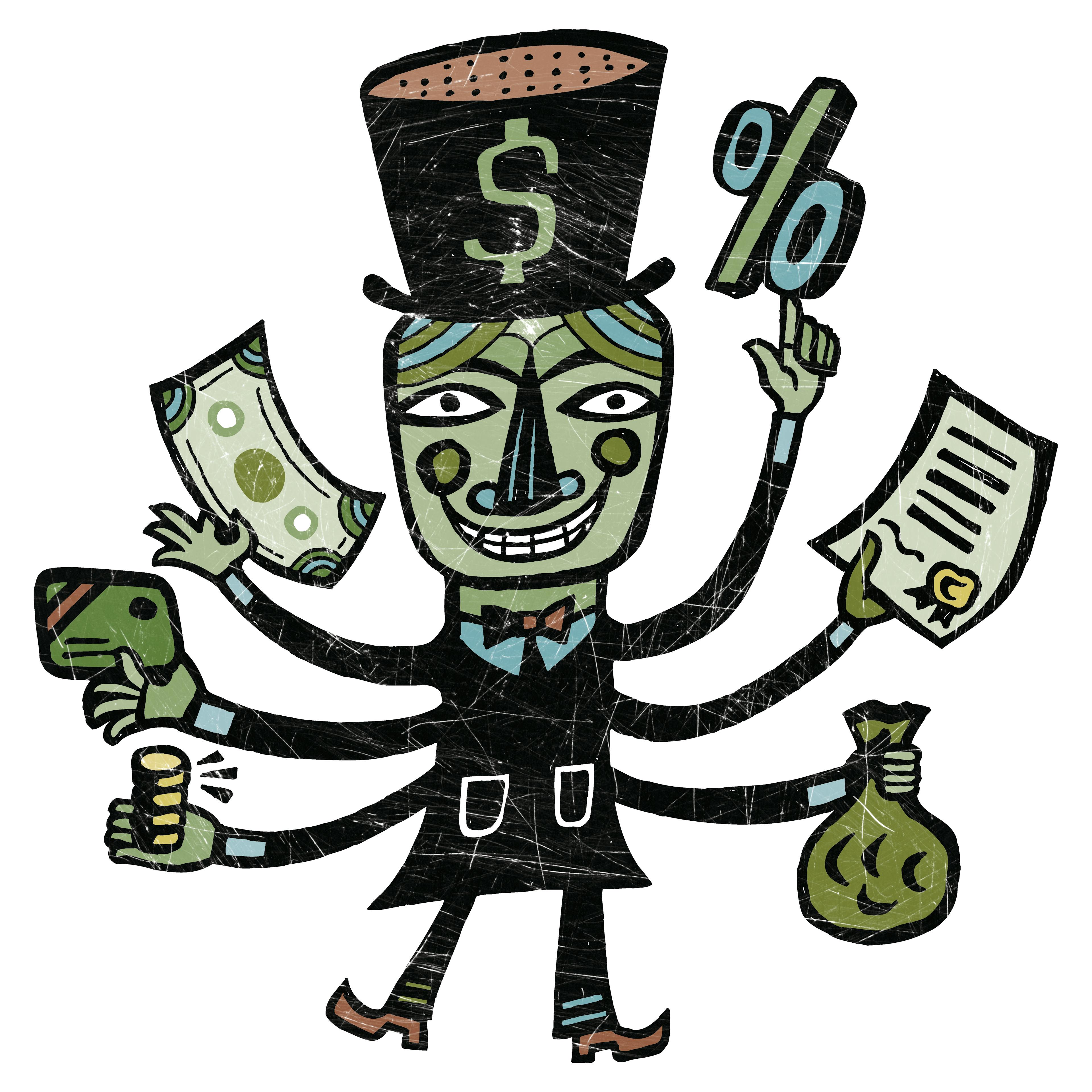 A man with top hat and six arms holding various types of money