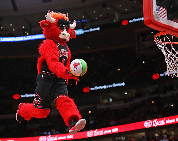 CHICAGO, IL - MARCH 05: Benny, the mascot for the Chicago Bulls entertains during a break between the Bulls and the Boston Celtics at the United Center on March 5, 2018 in Chicago, Illinois.