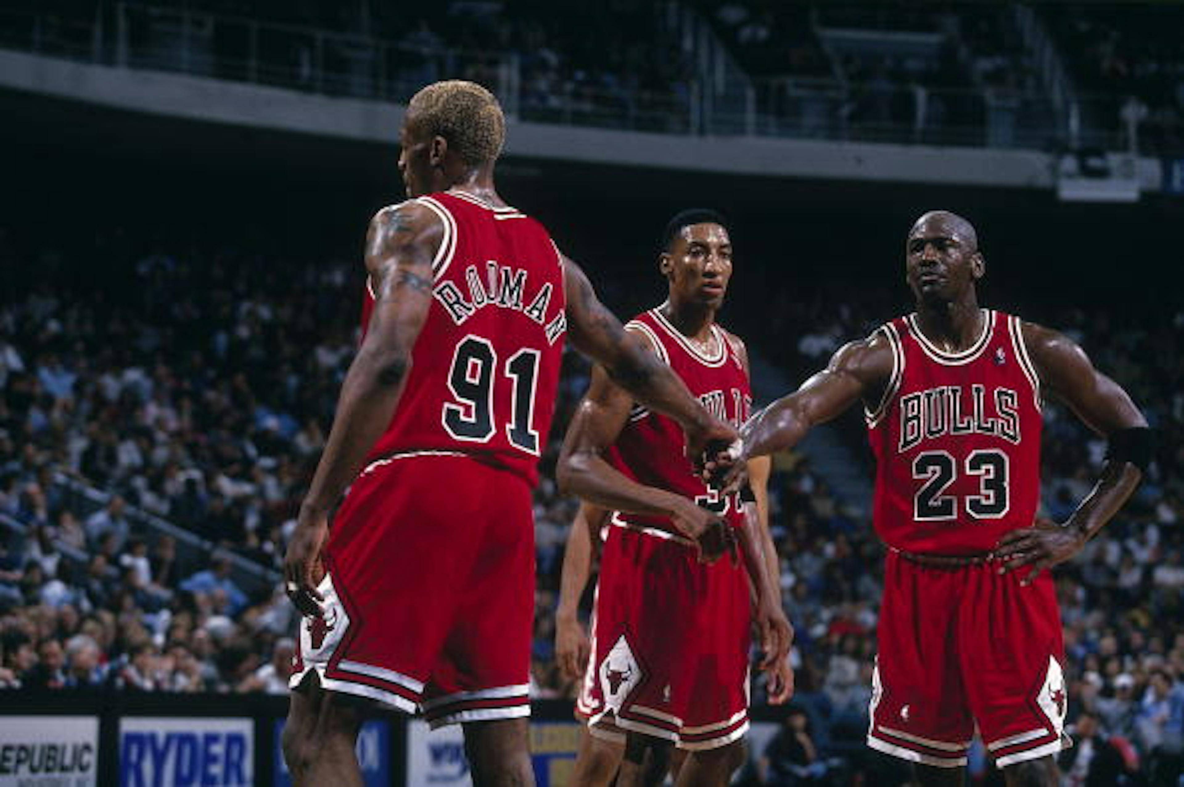 Chicago Bulls Dennis Rodman (91), Scottie Pippen (33) and Michael Jordan (23) during game vs Miami Heat. Miami, FL 2/23/1996