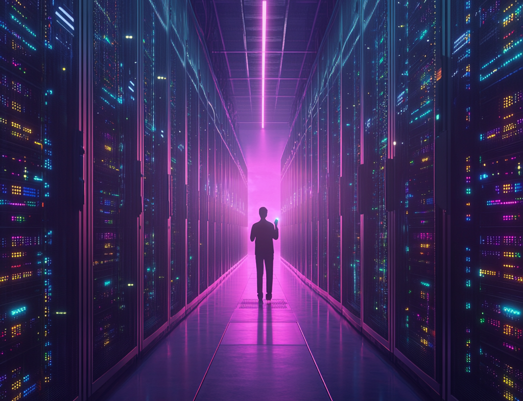 Silhouette in a room with purple like coming from flickering machines 