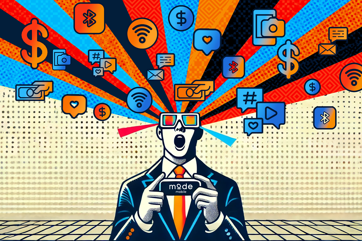 Cartoon graphic of person using Mode Mobile smartphone