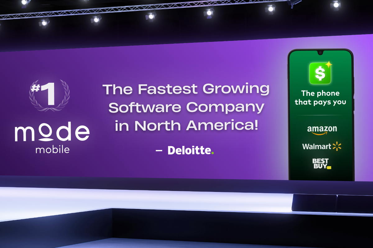 Purple sign announcing that Mode Mobile is the fastest growing software company in North America