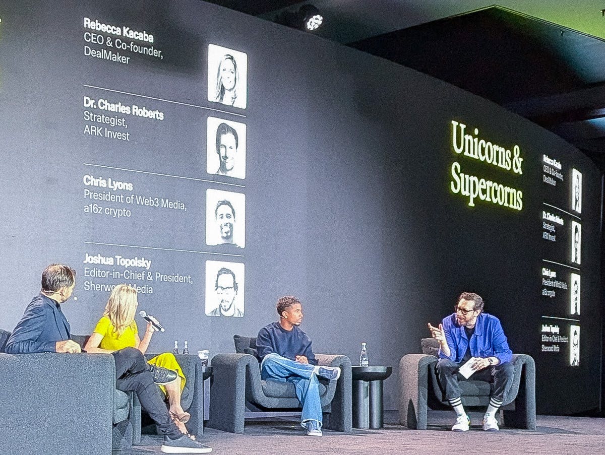 Sherwood Media’s Editor-in-Chief Joshua Topolosky, Rebecca Kacaba, CEO & co-founder, DealMaker, Charles Roberts, Chief Investment Strategist for ARK Invest, Chris Lyons, president of web3 Media for a16z crypto