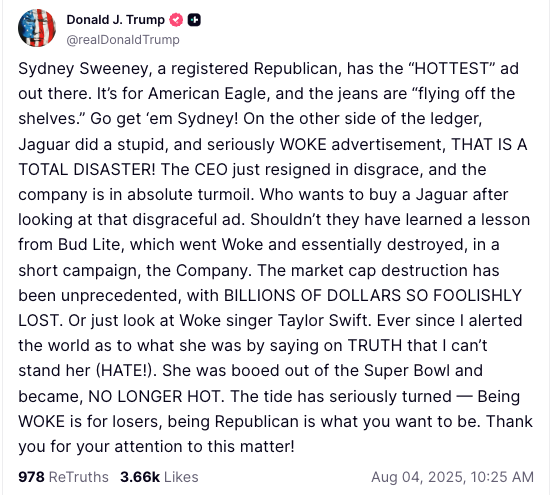 Trump Truth post on Sydney Sweeney