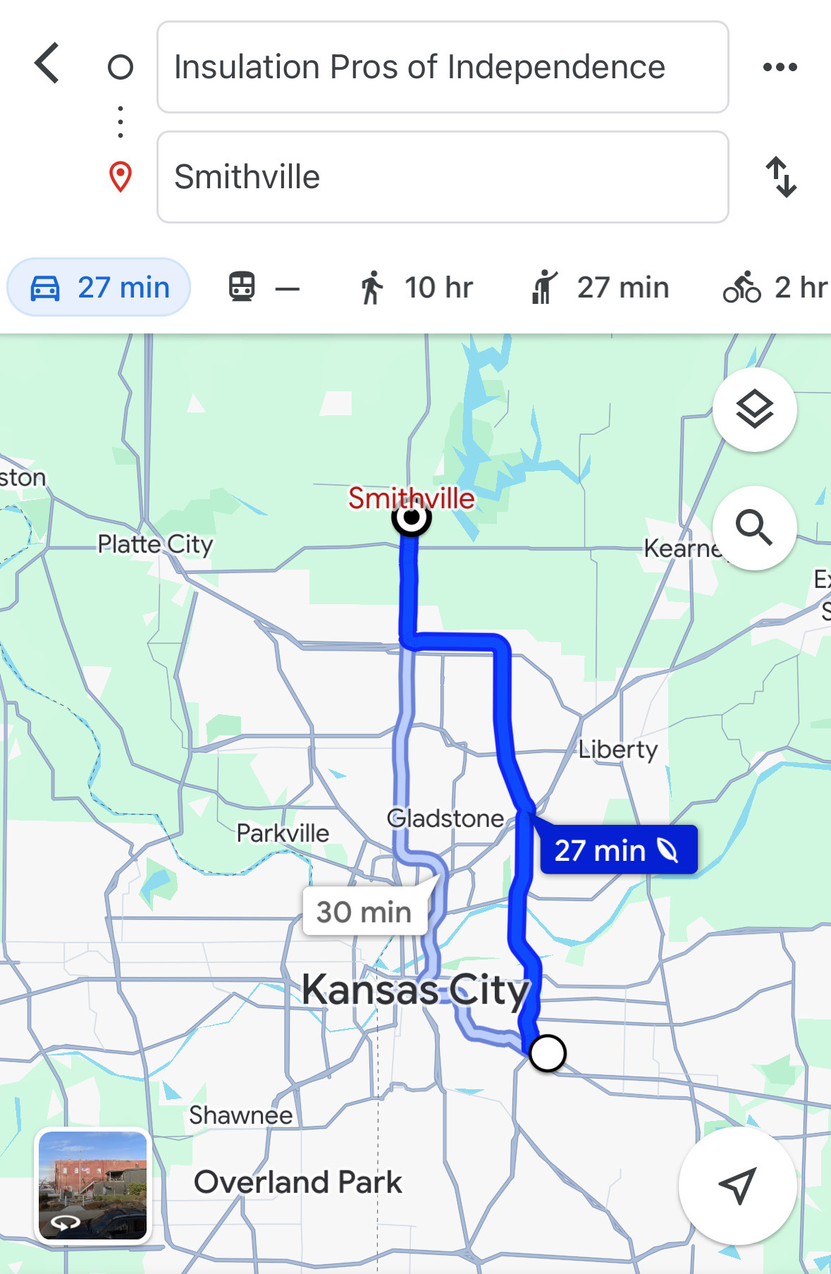 A Google Maps screenshot of Independence, Missouri, and Smithville, Missouri.