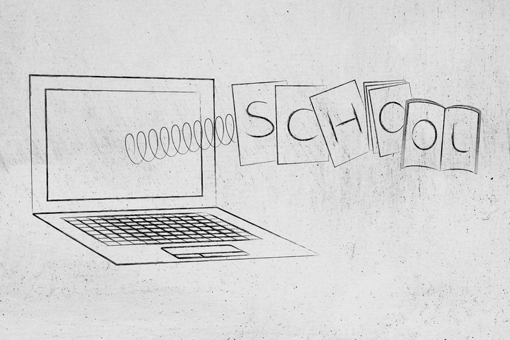 laptop with School textbooks popping out of the screen on a spring