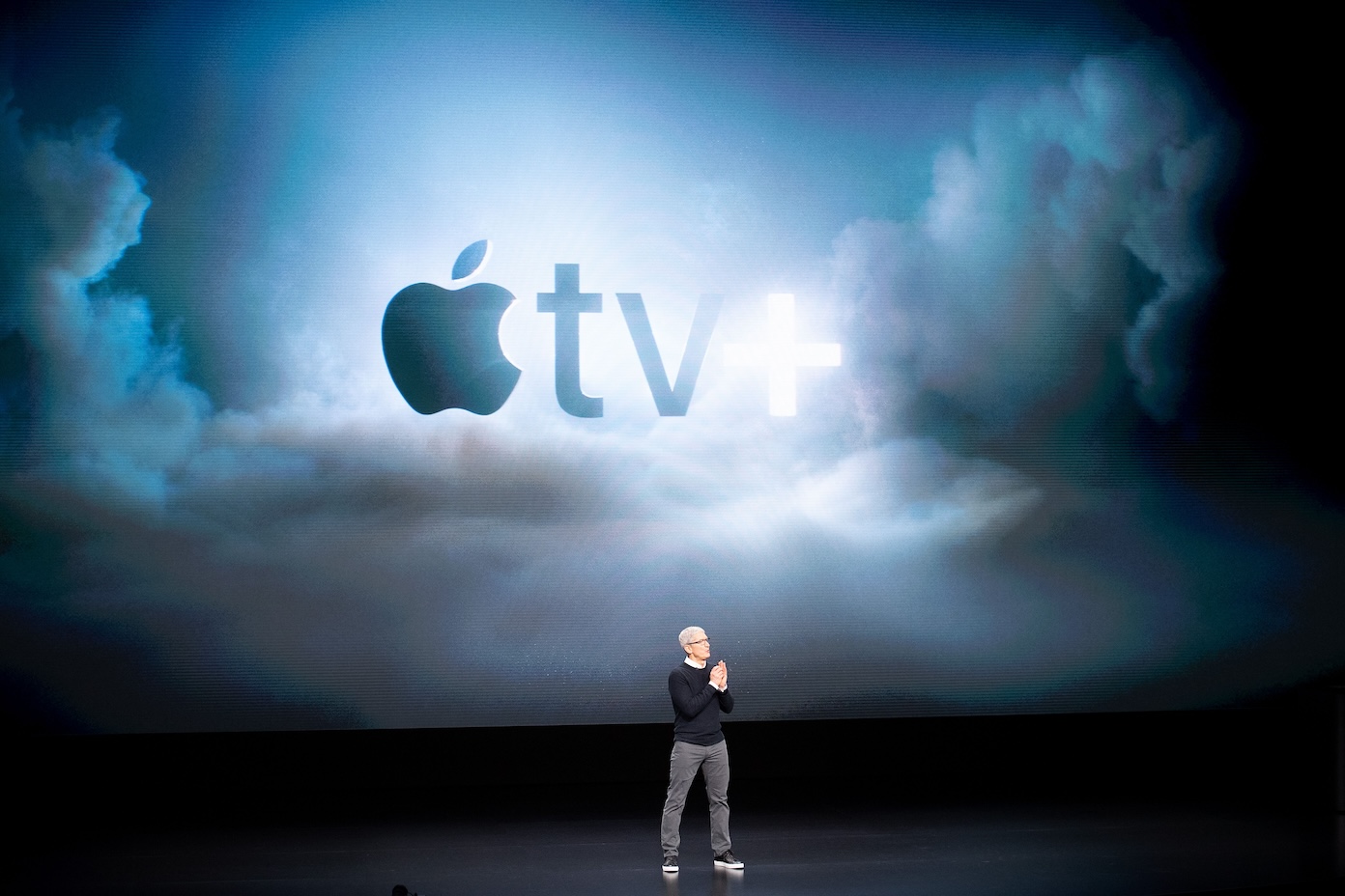 Tim Cook, godlike, announcing Apple TV+