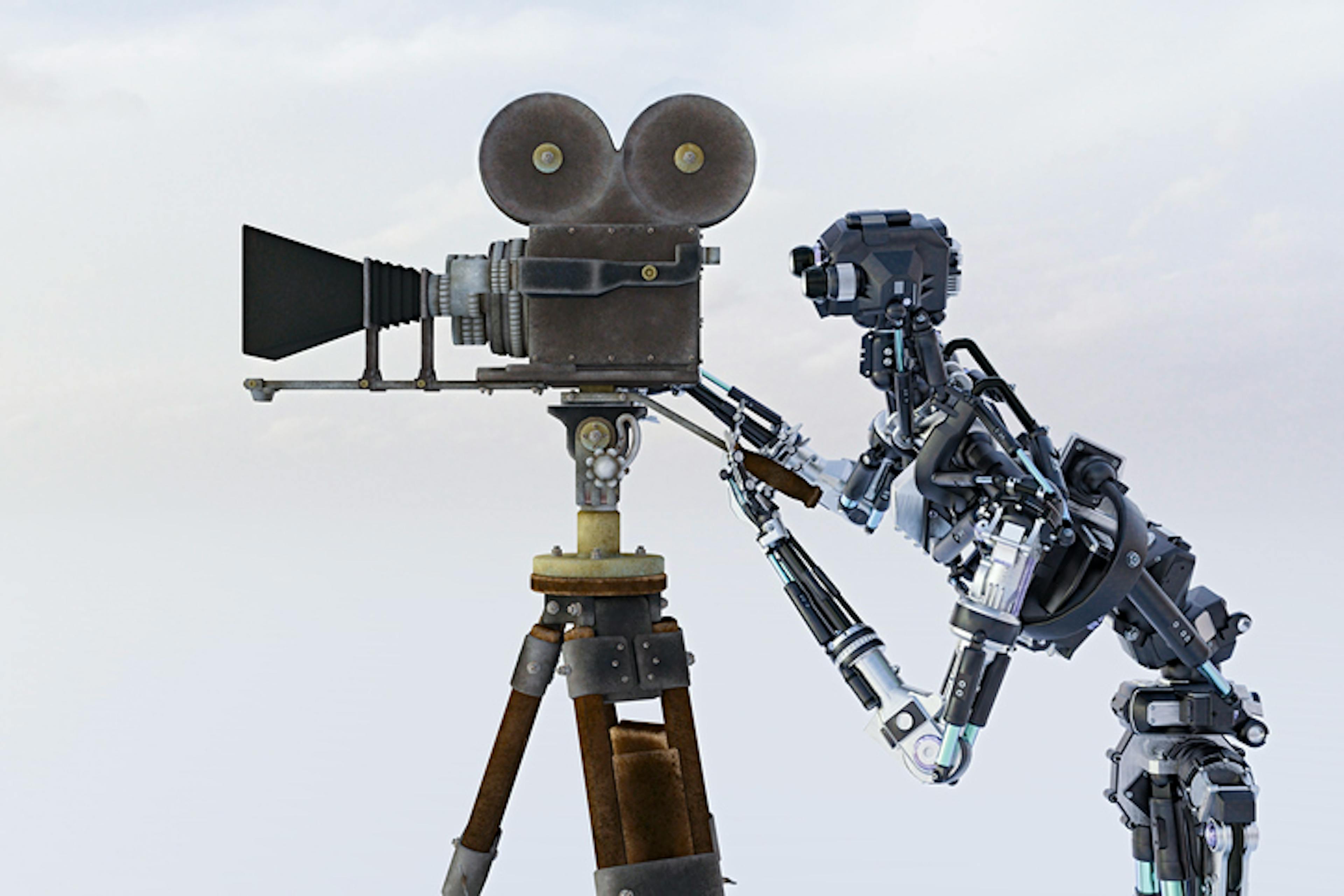 AI surveillance: robot with retro style movie camera