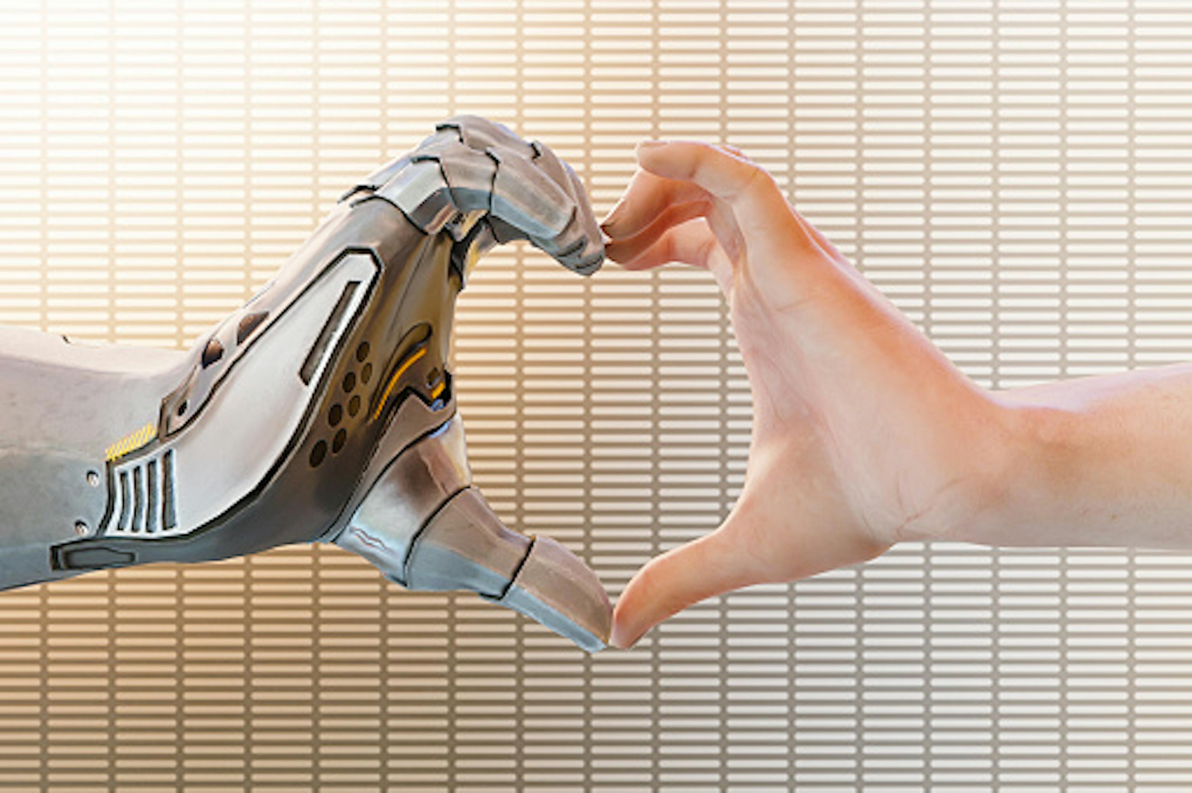 Robot heart shaped hand: futuristic dating concept