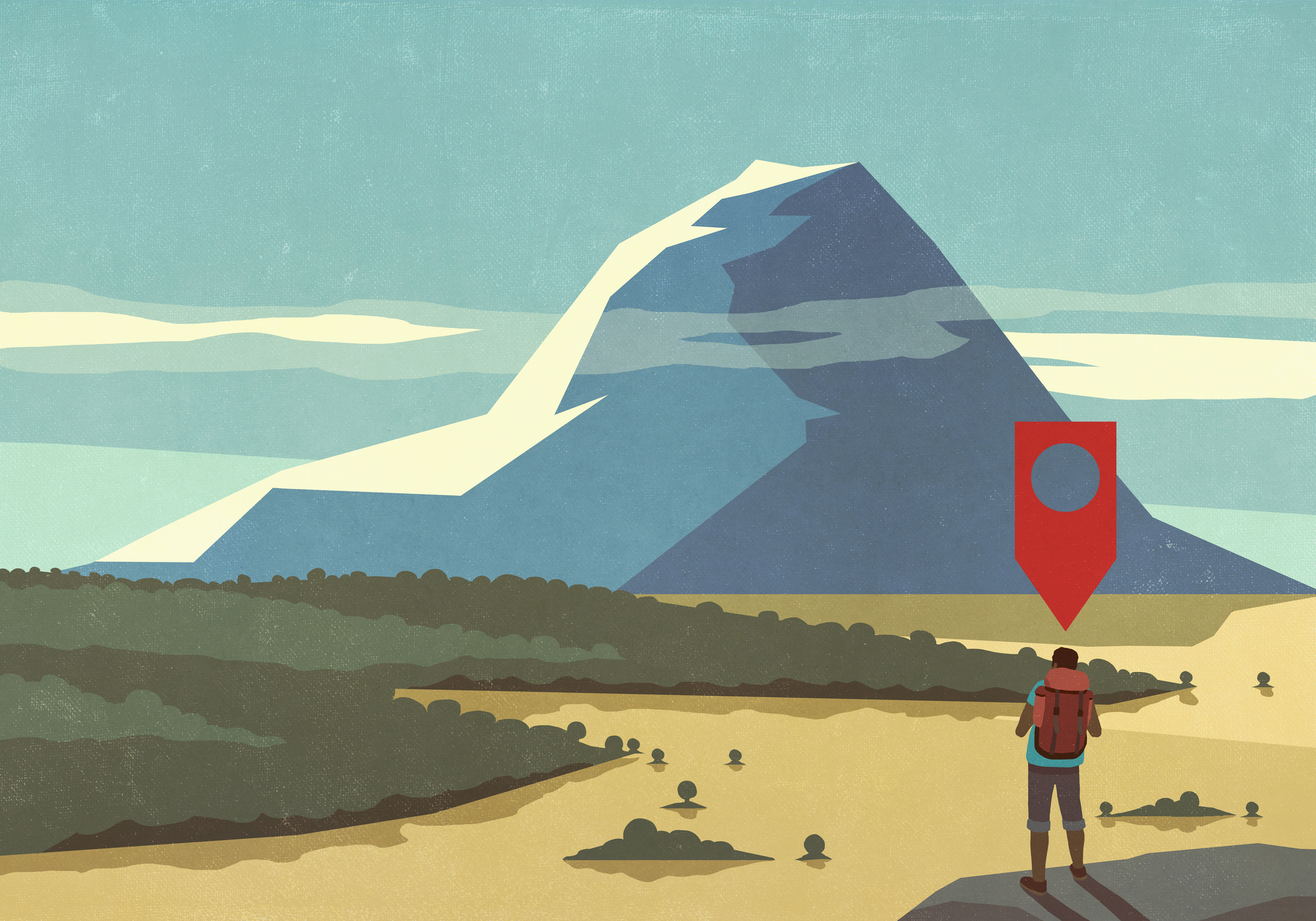 Map pin icon above man hiking, looking at majestic mountain landscape view