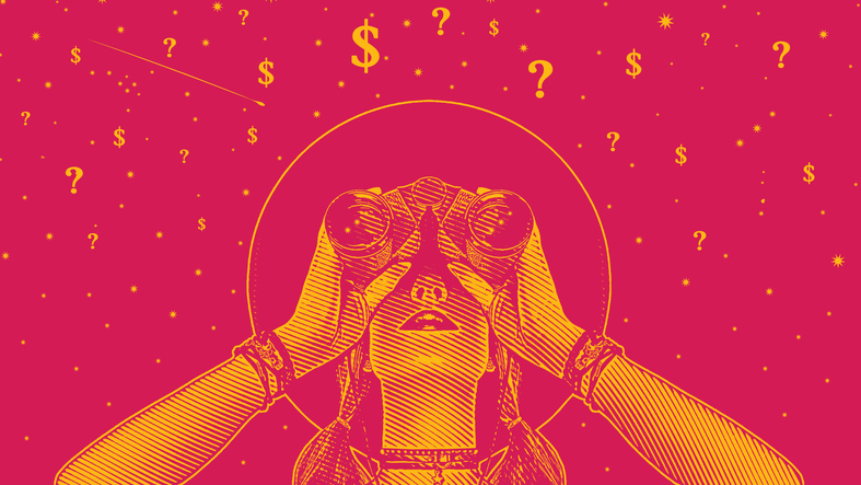 Woman with binoculars looking for solutions to financial uncertainty
