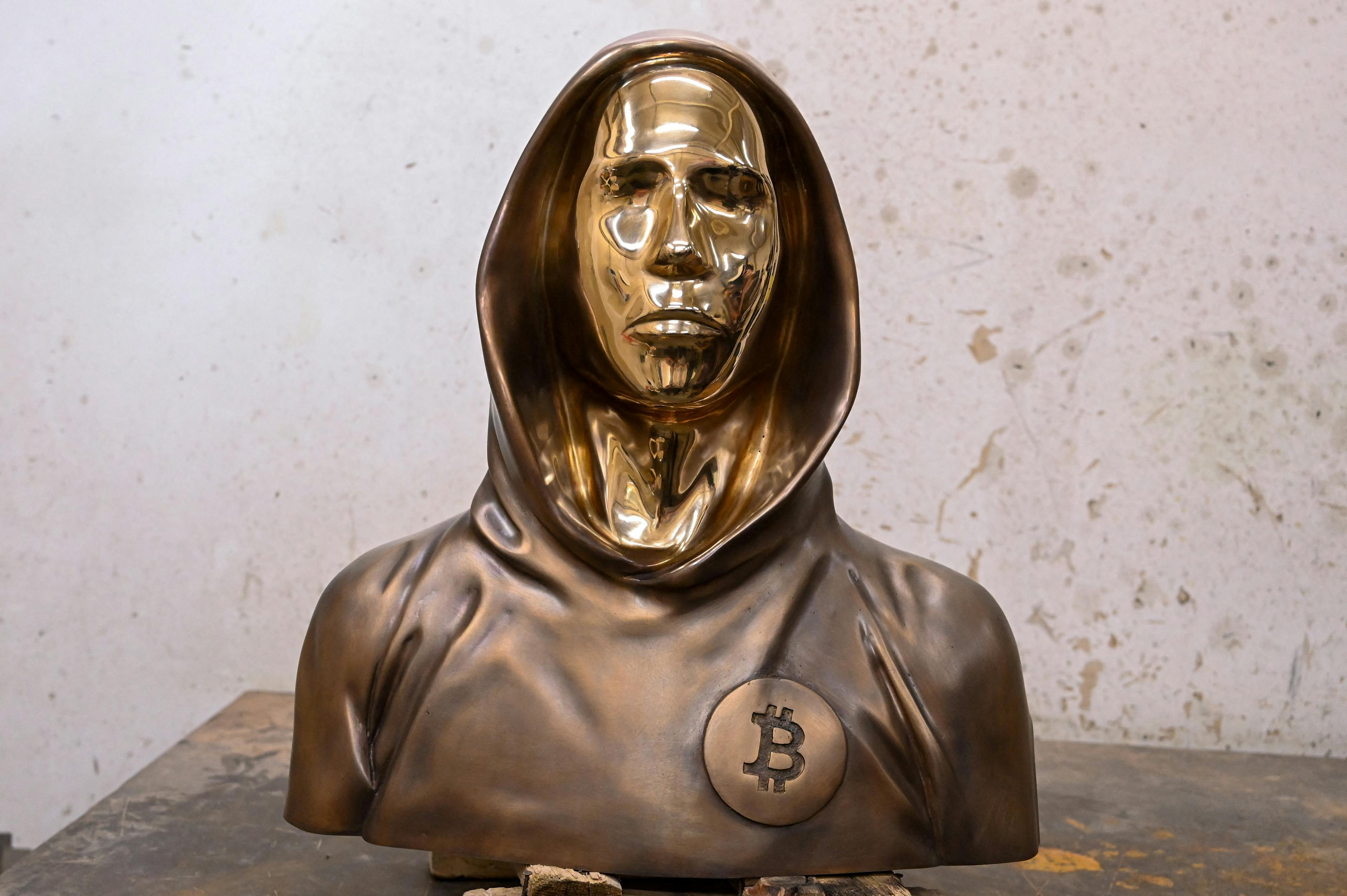 A bronze statue of “Satoshi Nakamoto”