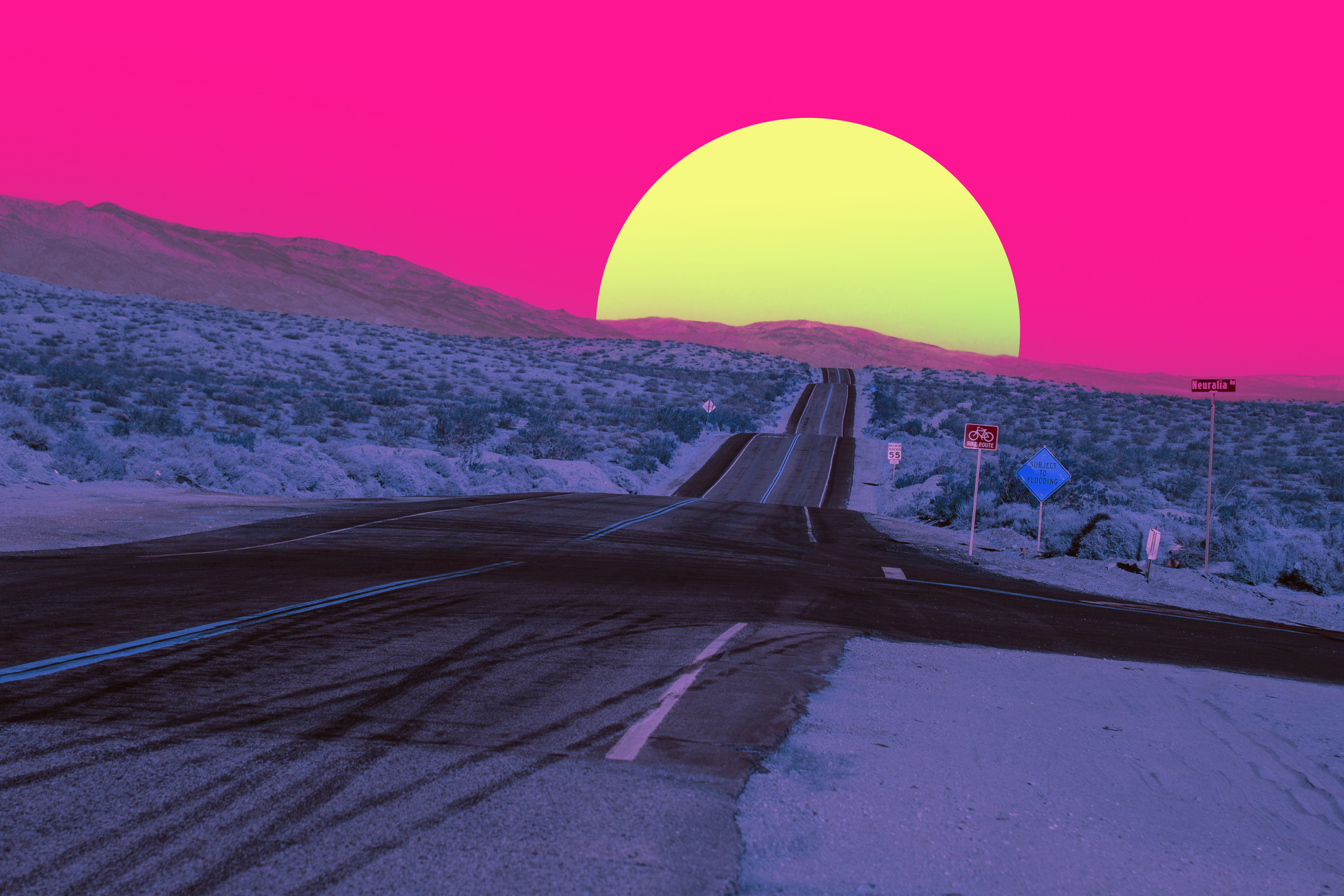 Surreal colorful desert with straight road heading to stunning big sun.