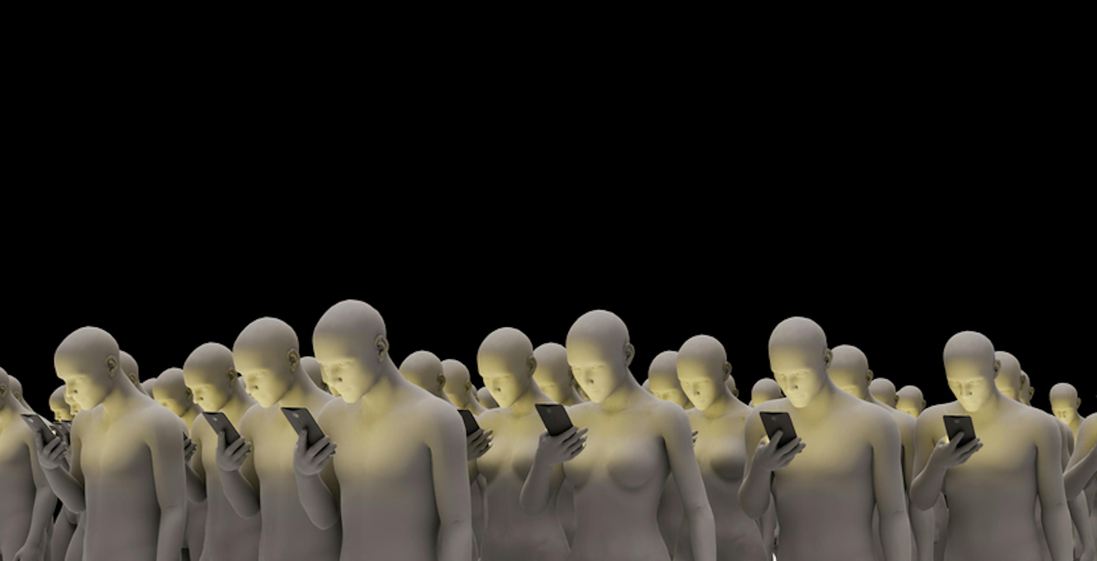 mannequins looking at the mobile phone