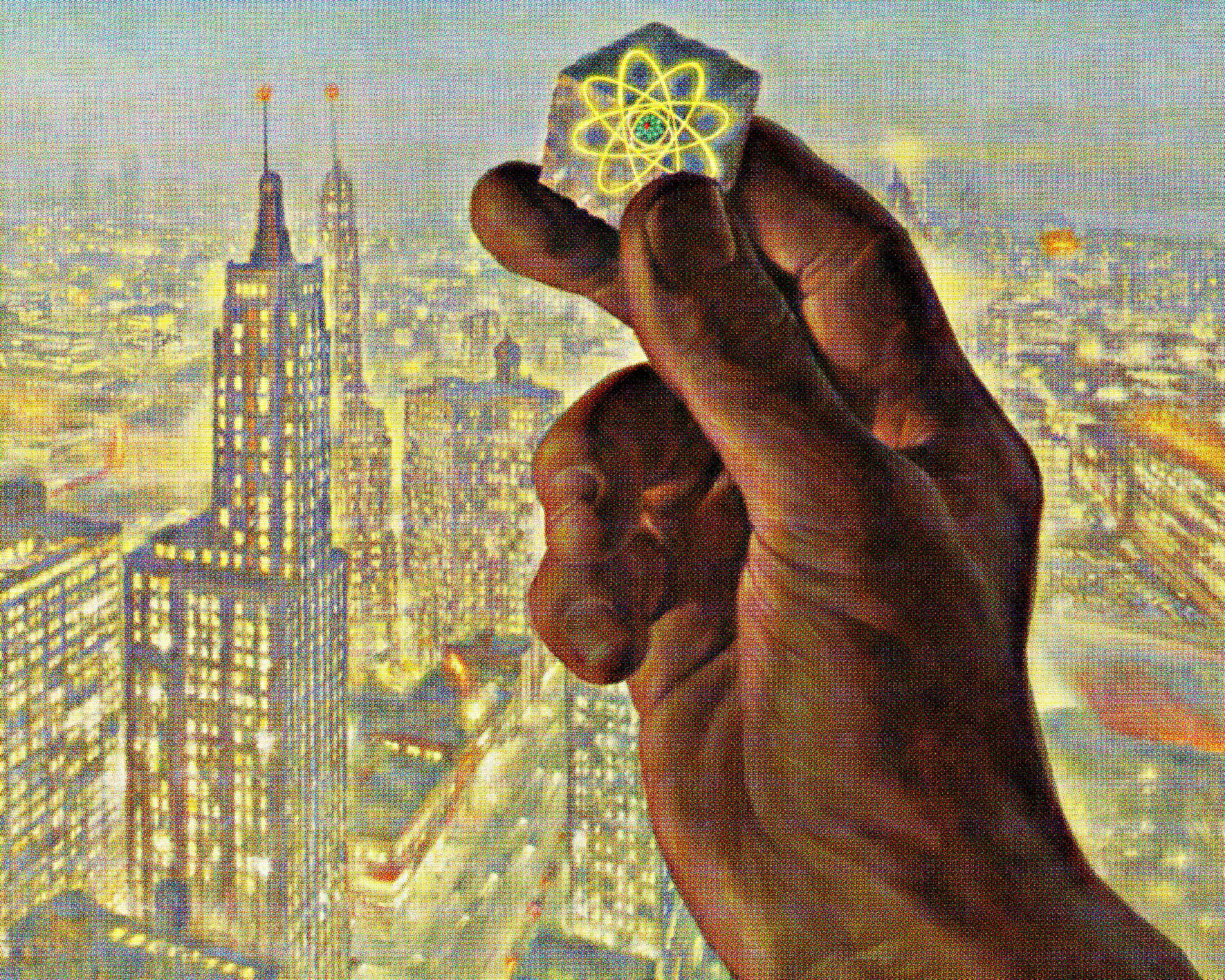 Hand Holding an Atomic Rock Above a City