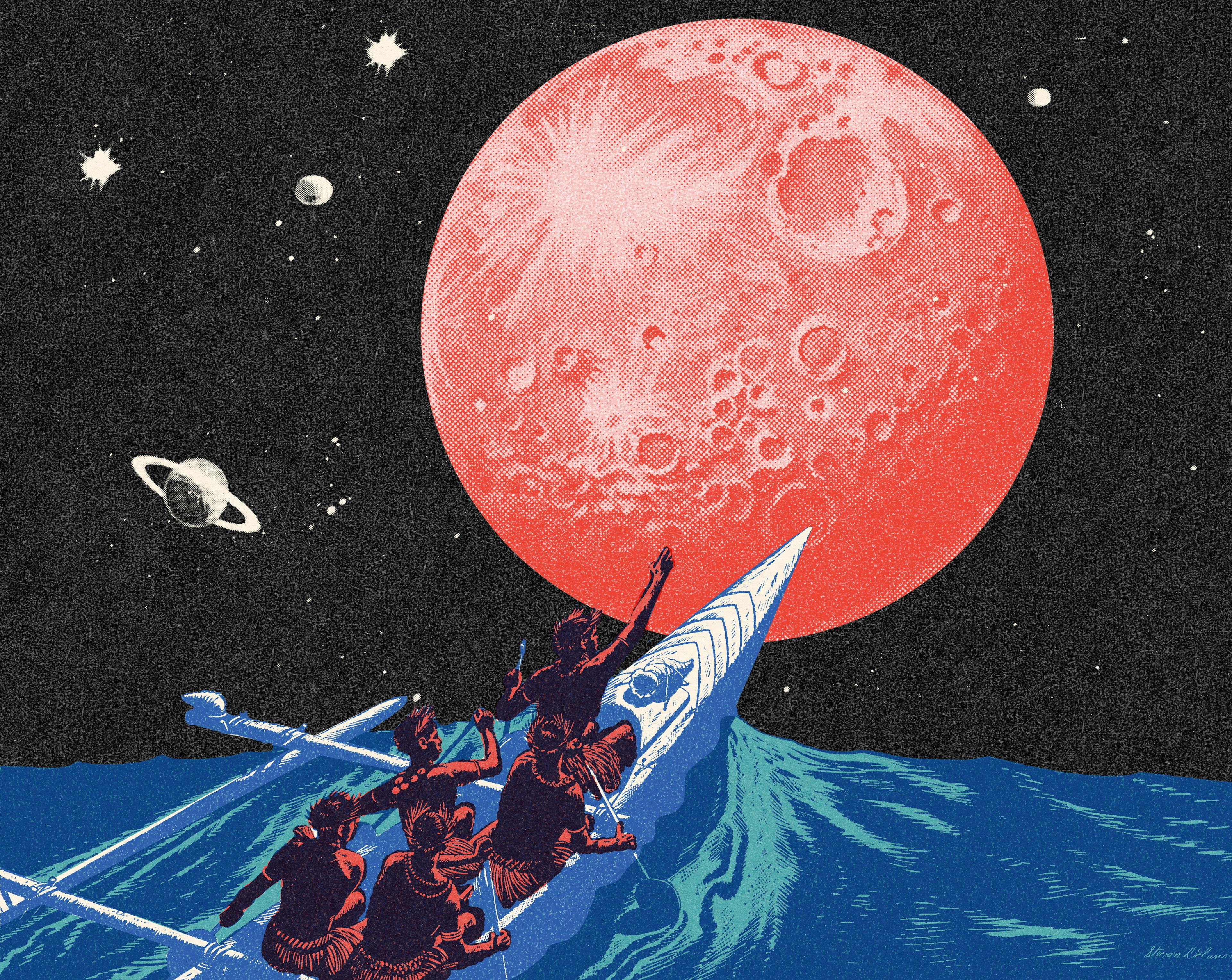 Men in an Outrigger Seeing a Giant Full Moon