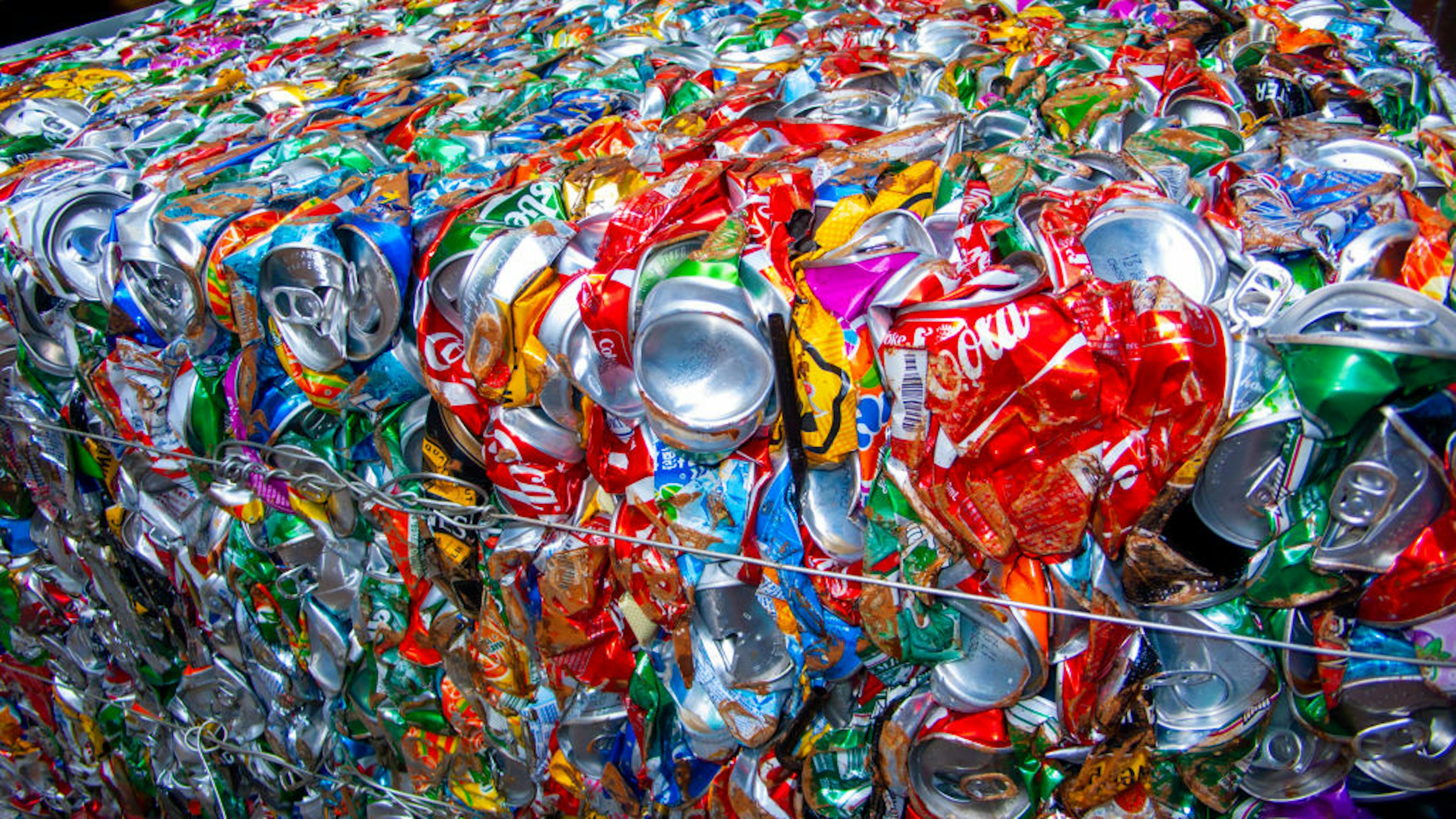 Soft drink metal cans crushed packaged for recycling