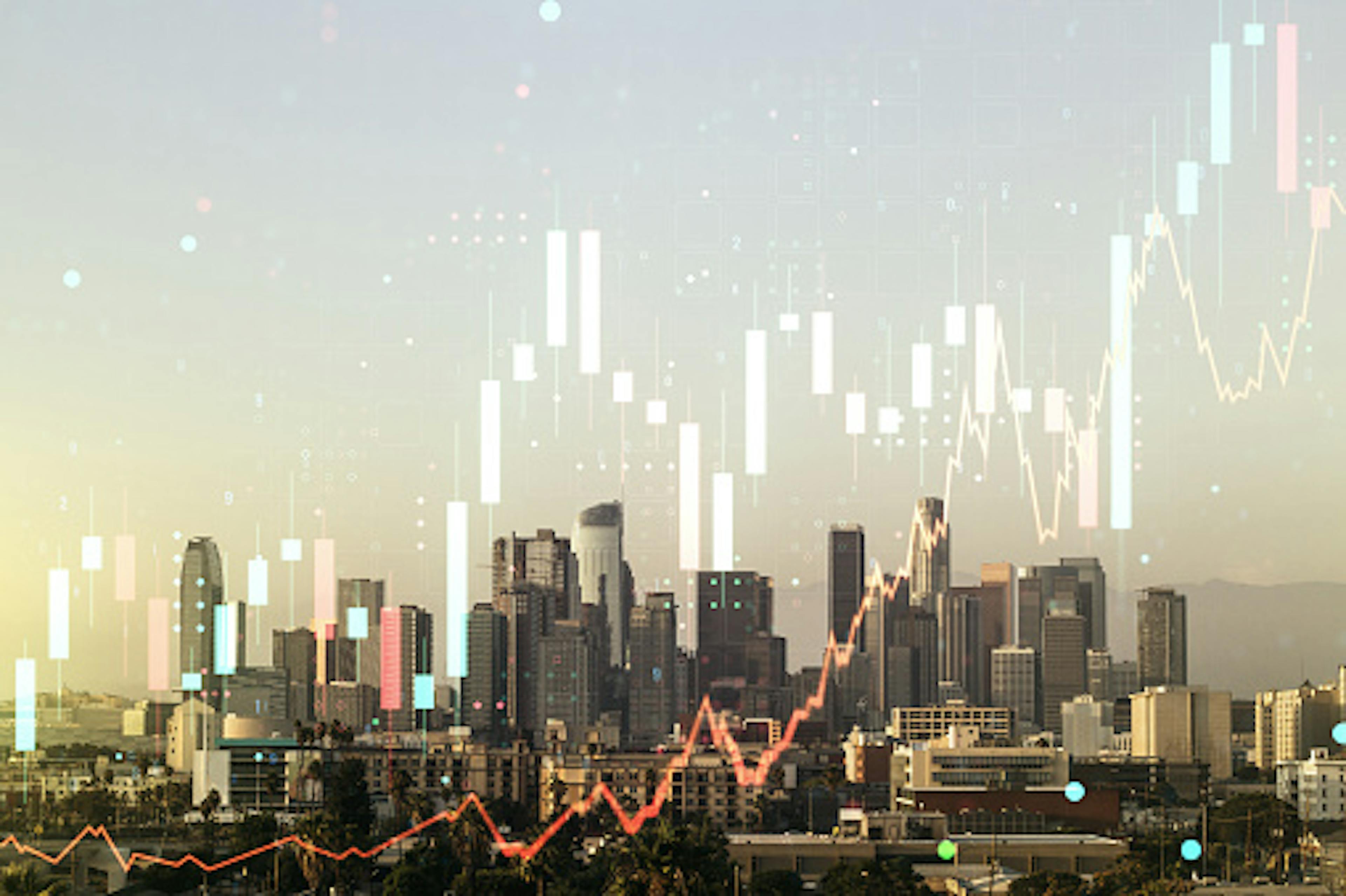 Multi exposure of virtual creative financial chart hologram on Los Angeles skyscrapers background, research and analytics concept