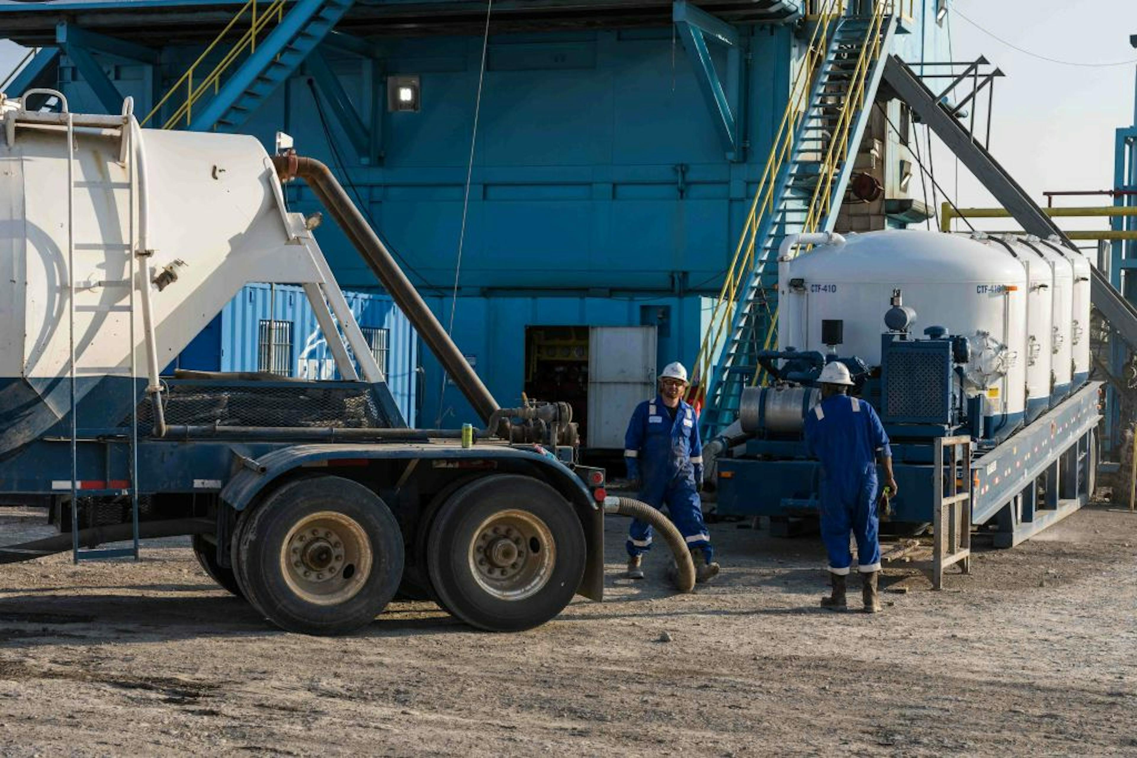 Cement is pumped into the space around the outside of the well casing in finishing a well