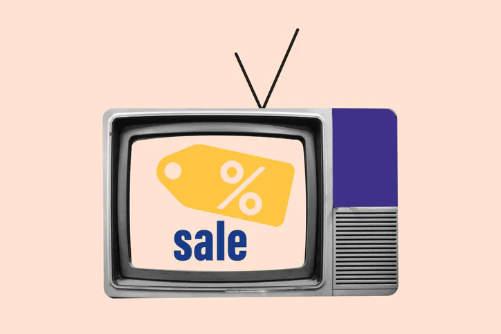 Mega sale special offer. Sign board promotion. television with percent sign for discount. vintage
