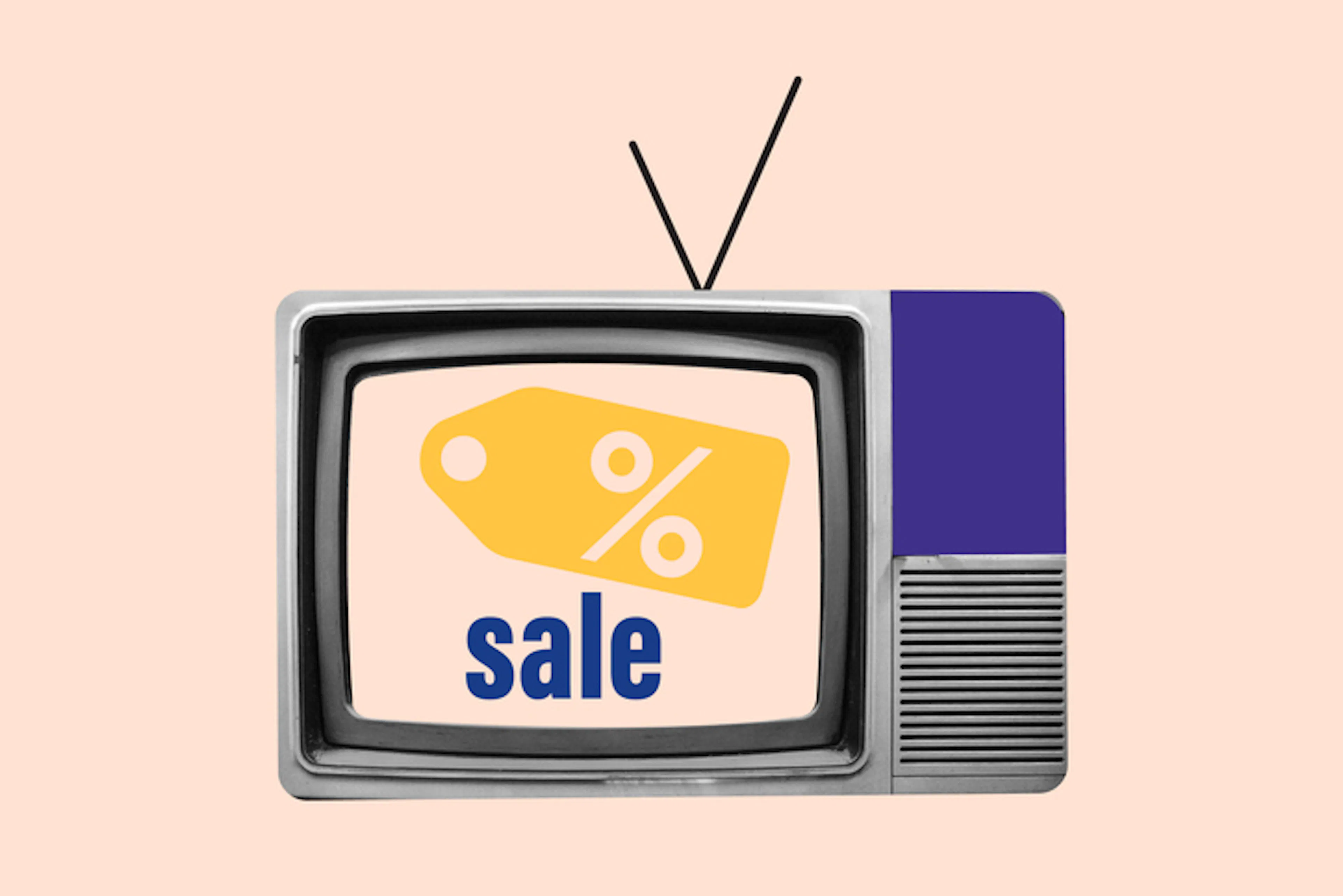 Mega sale special offer. Sign board promotion. television with percent sign for discount. vintage