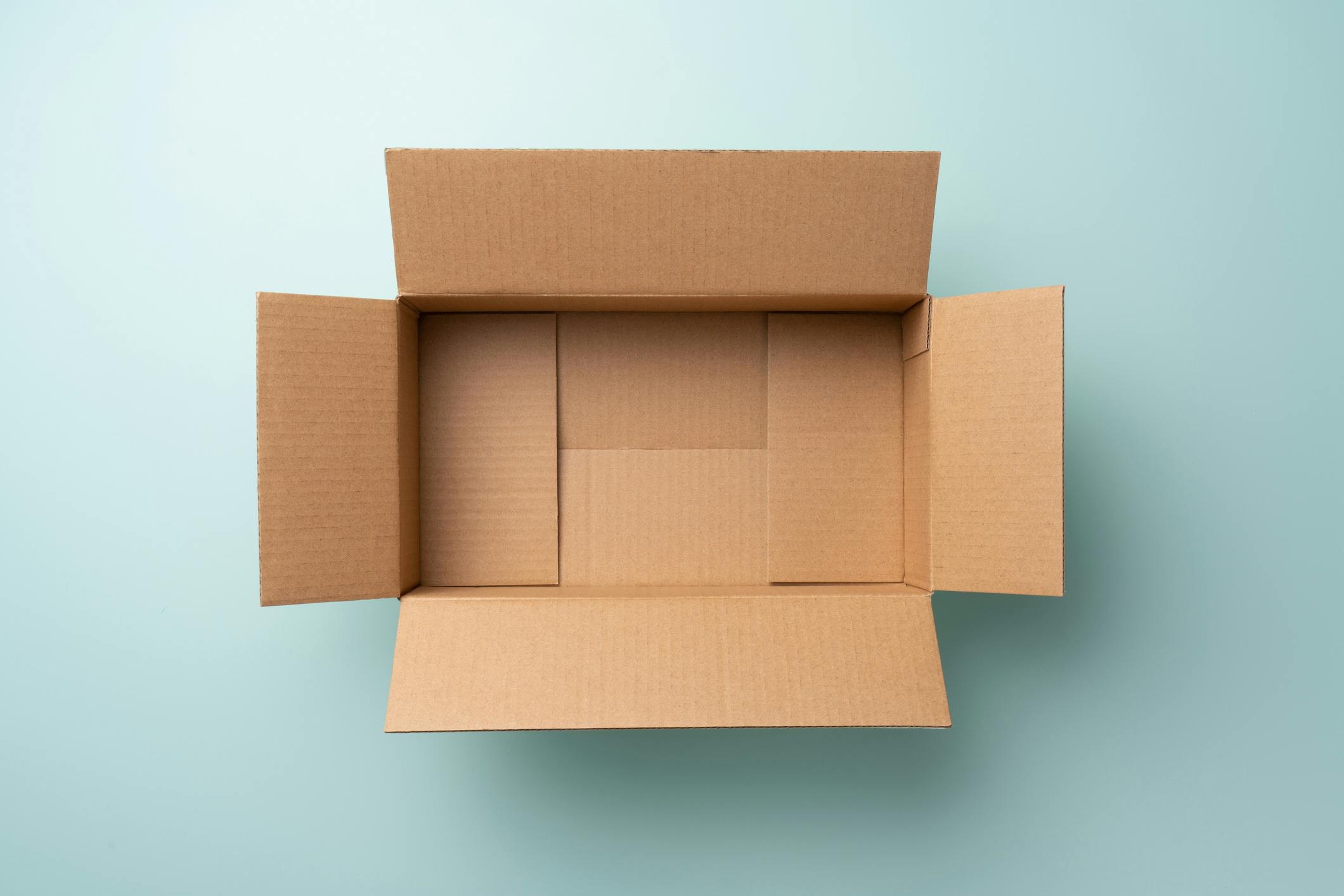 Opened Empty Cardboard Box on Blue Background