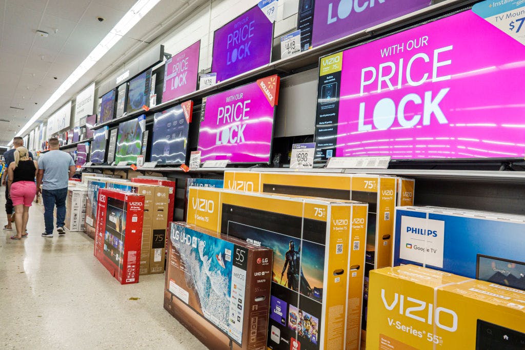 Miami, Florida, Doral, Walmart store, wide screen flat digital TV display, Vizio and Phillips brands