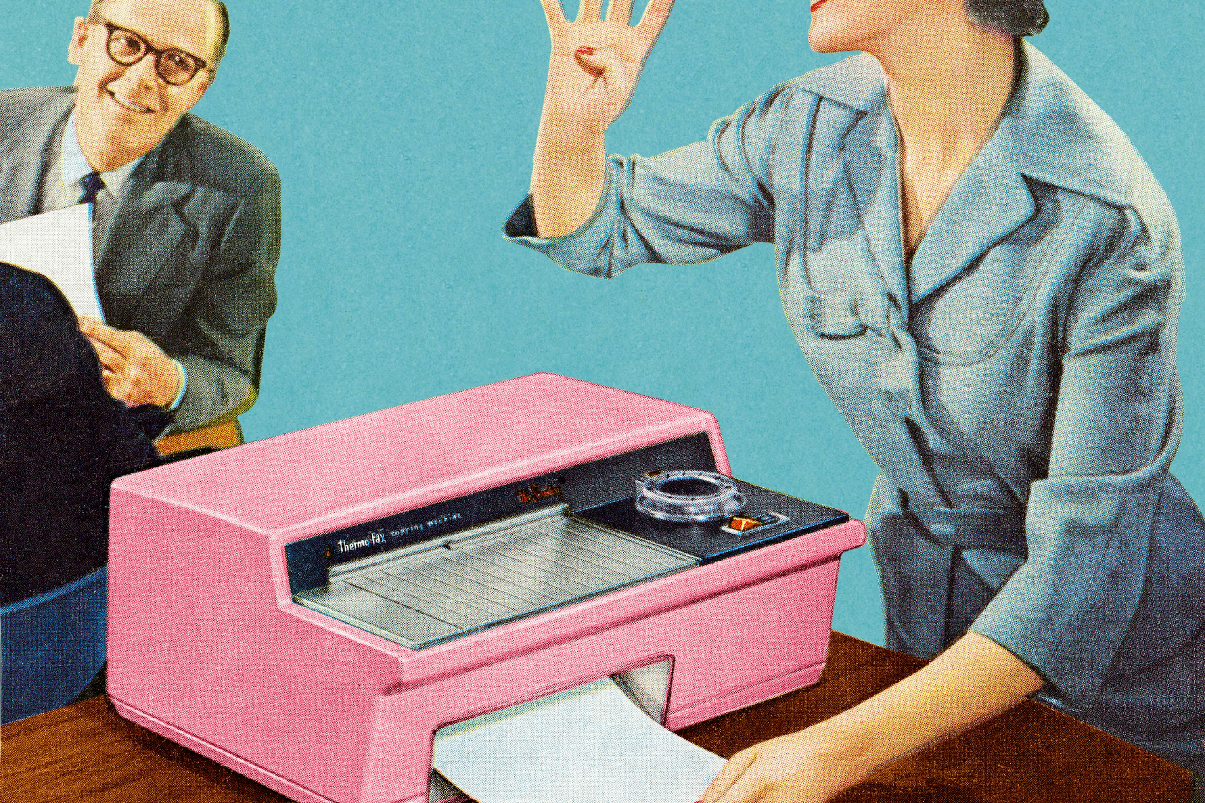 Woman Using Vintage Fax Machine