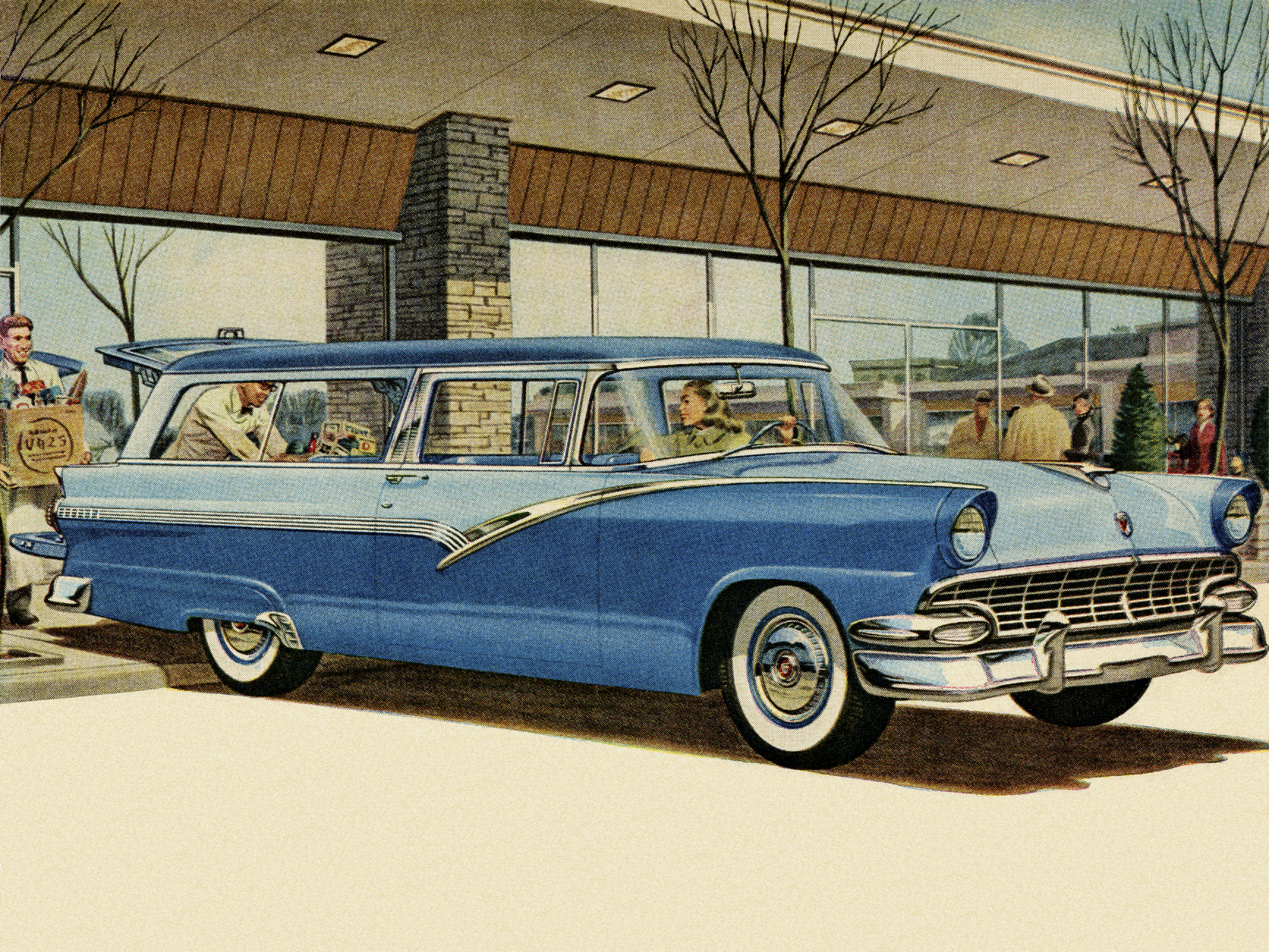 Two Tone Blue Vintage Car at Grocery Store