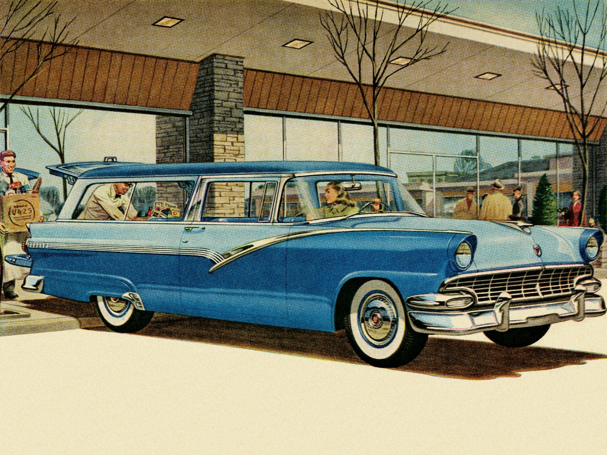 Two Tone Blue Vintage Car at Grocery Store