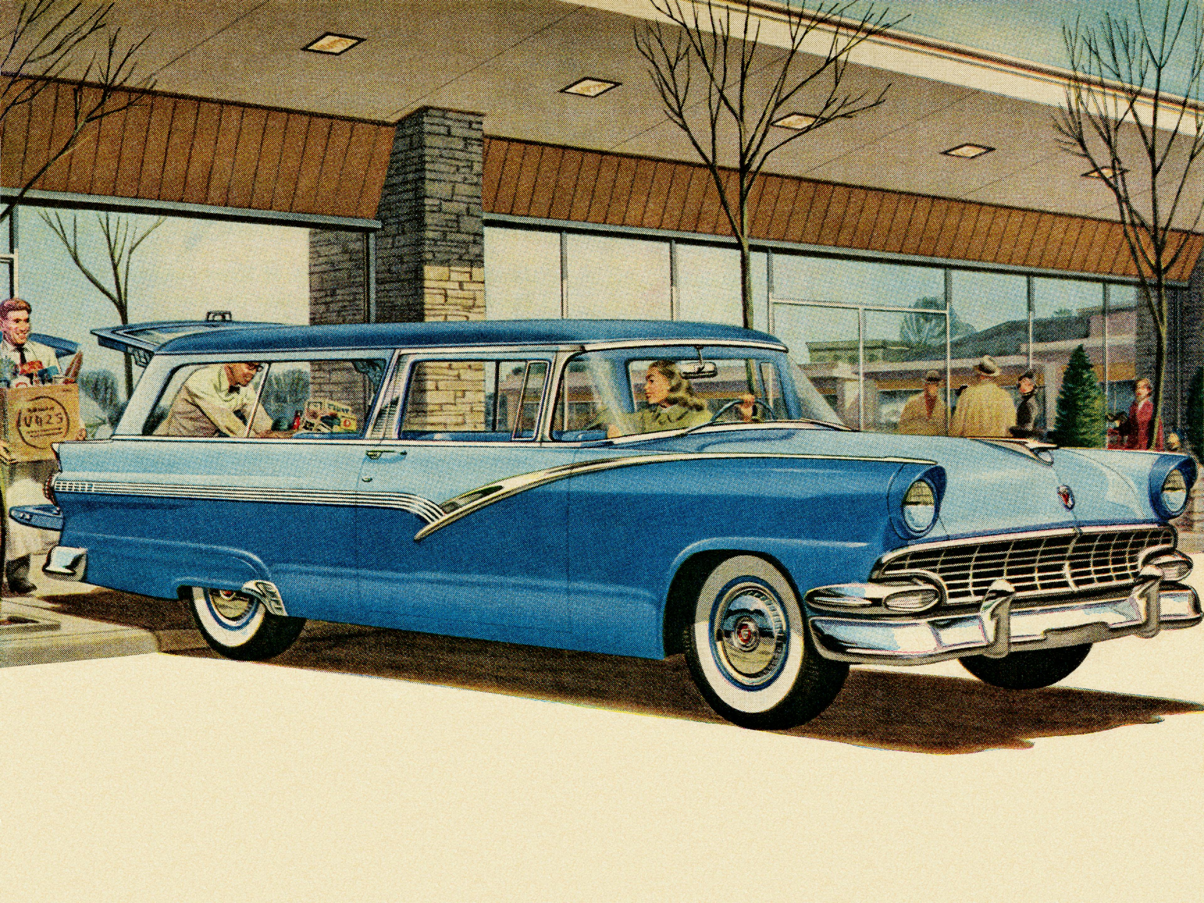 Two Tone Blue Vintage Car at Grocery Store