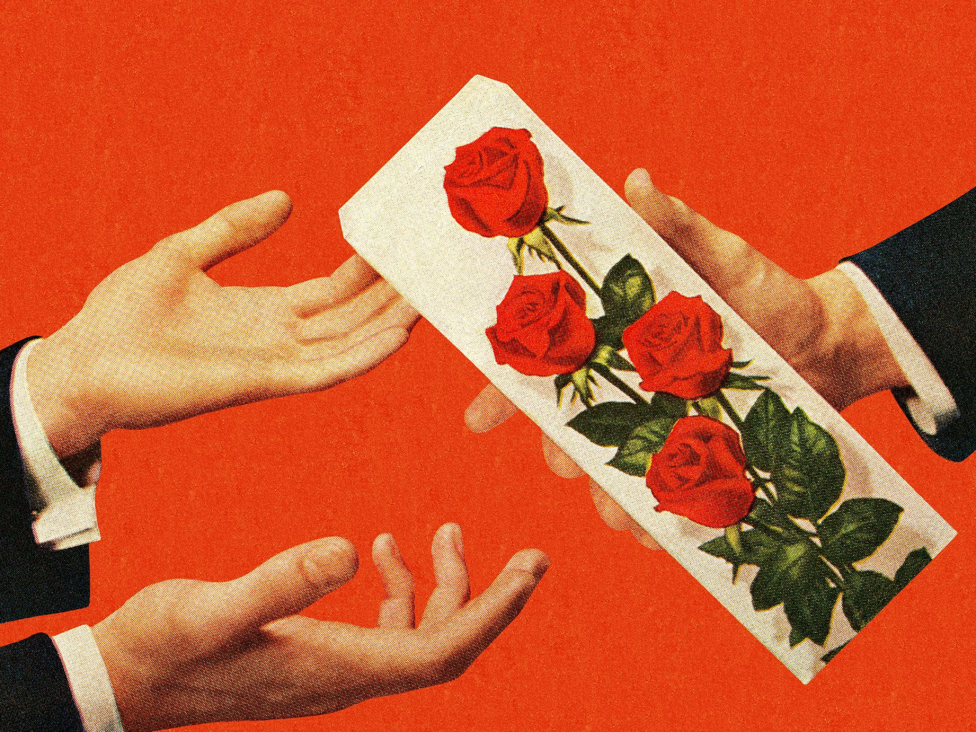 Man Handing Man Box of Roses