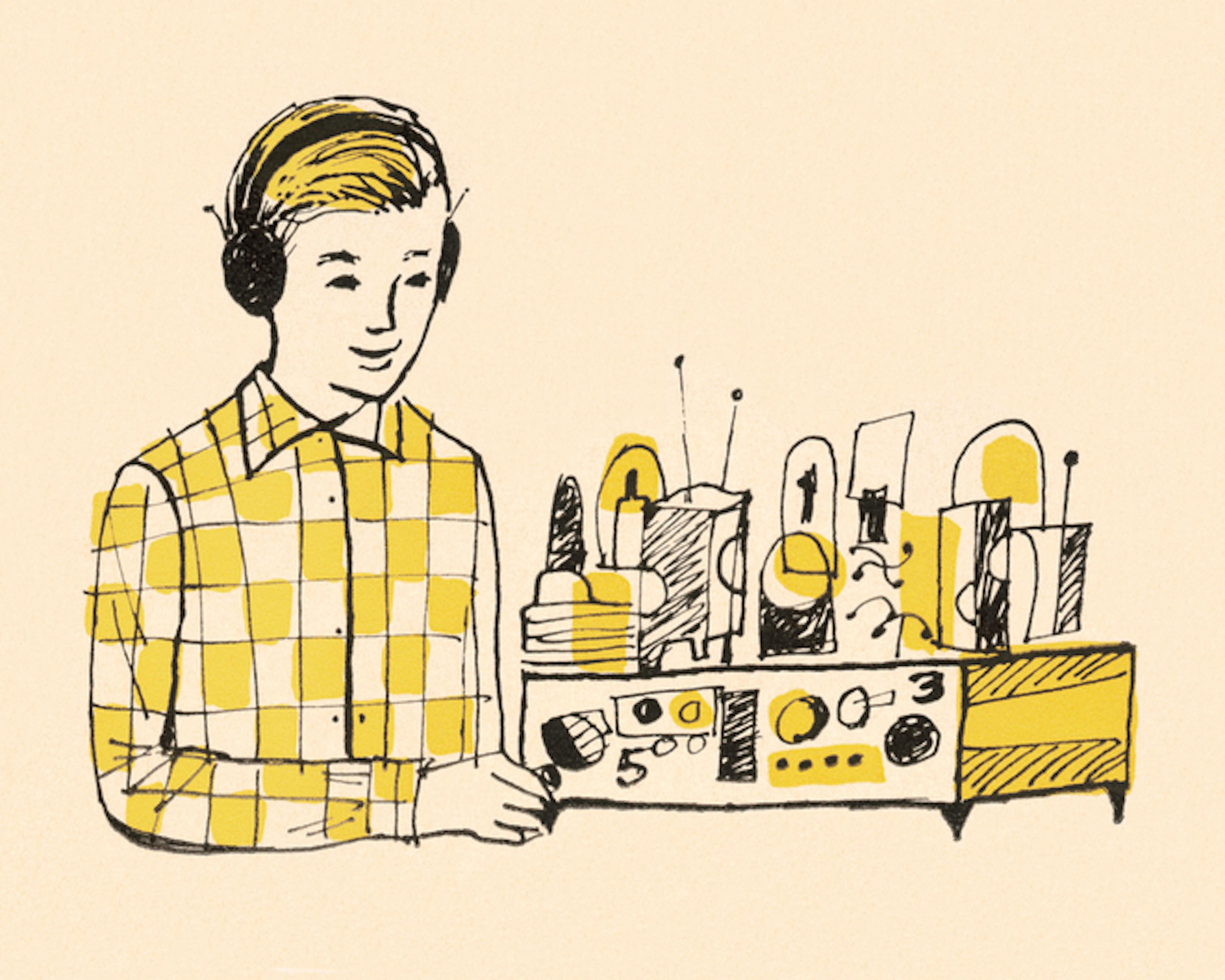 Boy Wearing Headphones and Using Radio